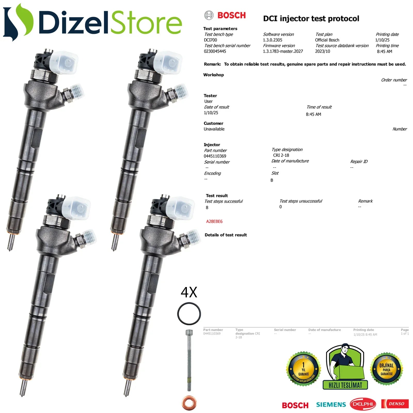 4X 0445110369 Bosch Enjektör Audi Seat Skoda VW Passat 2.0 TDI 03L130277J - Dizel Store