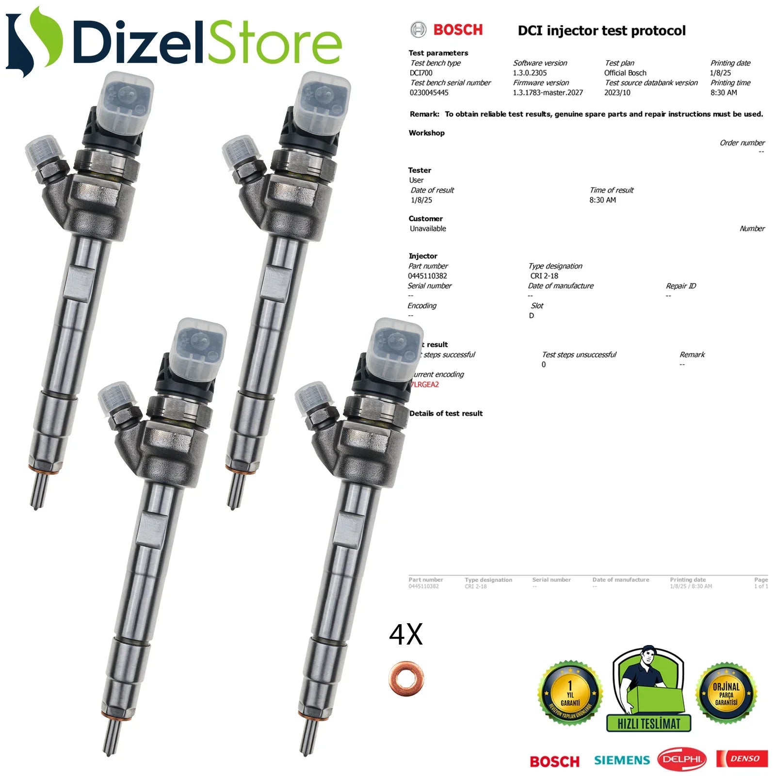 4X 0445110382-0445110478 Bosch Enjektör BMW E90 F30 F36 F20 120d 320d 330d 520d 13 53 7 810 702 - Dizel Store