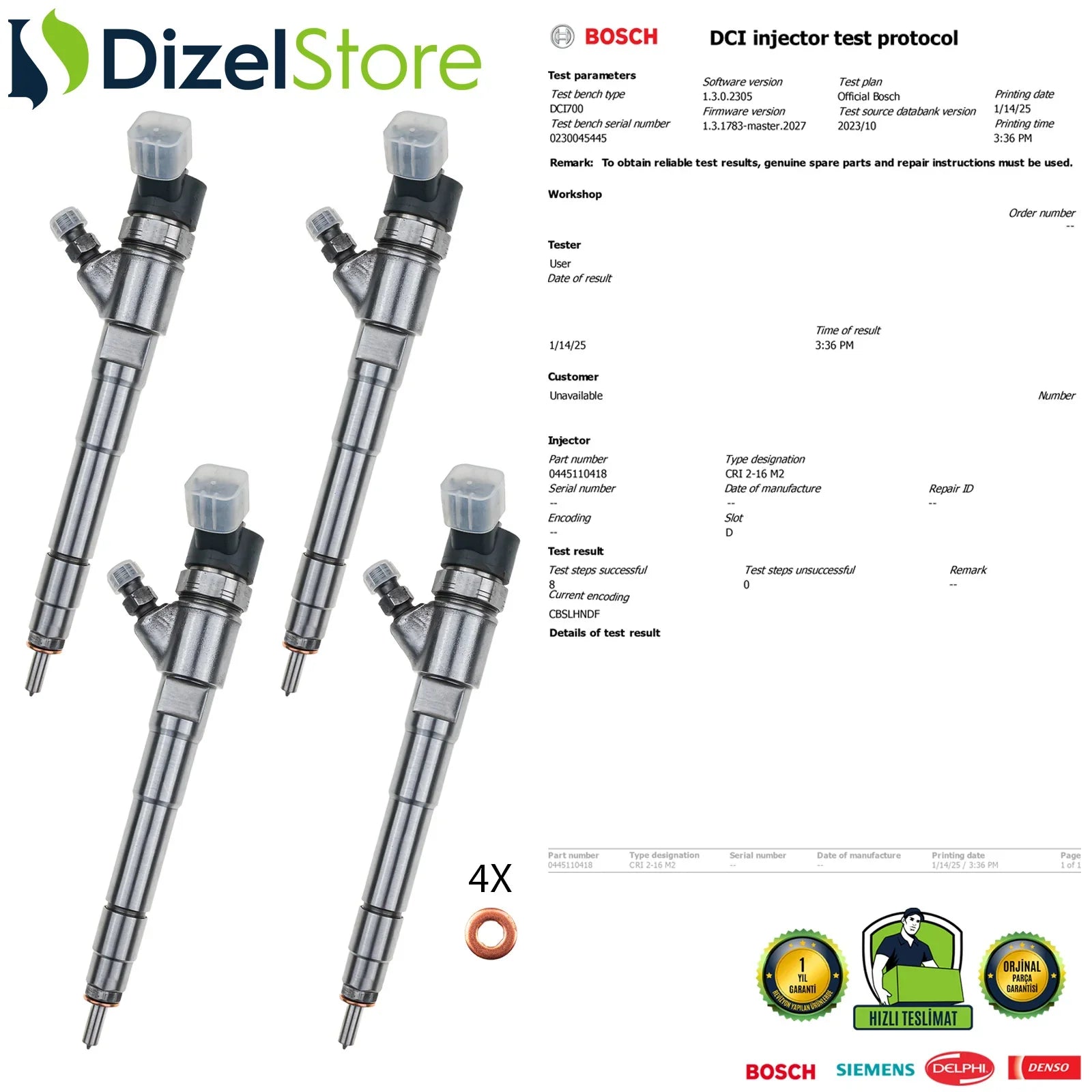 4X 0445110418 Bosch Enjektör Fiat Ducato 2.3 D Iveco Daily 504389548 - Dizel Store