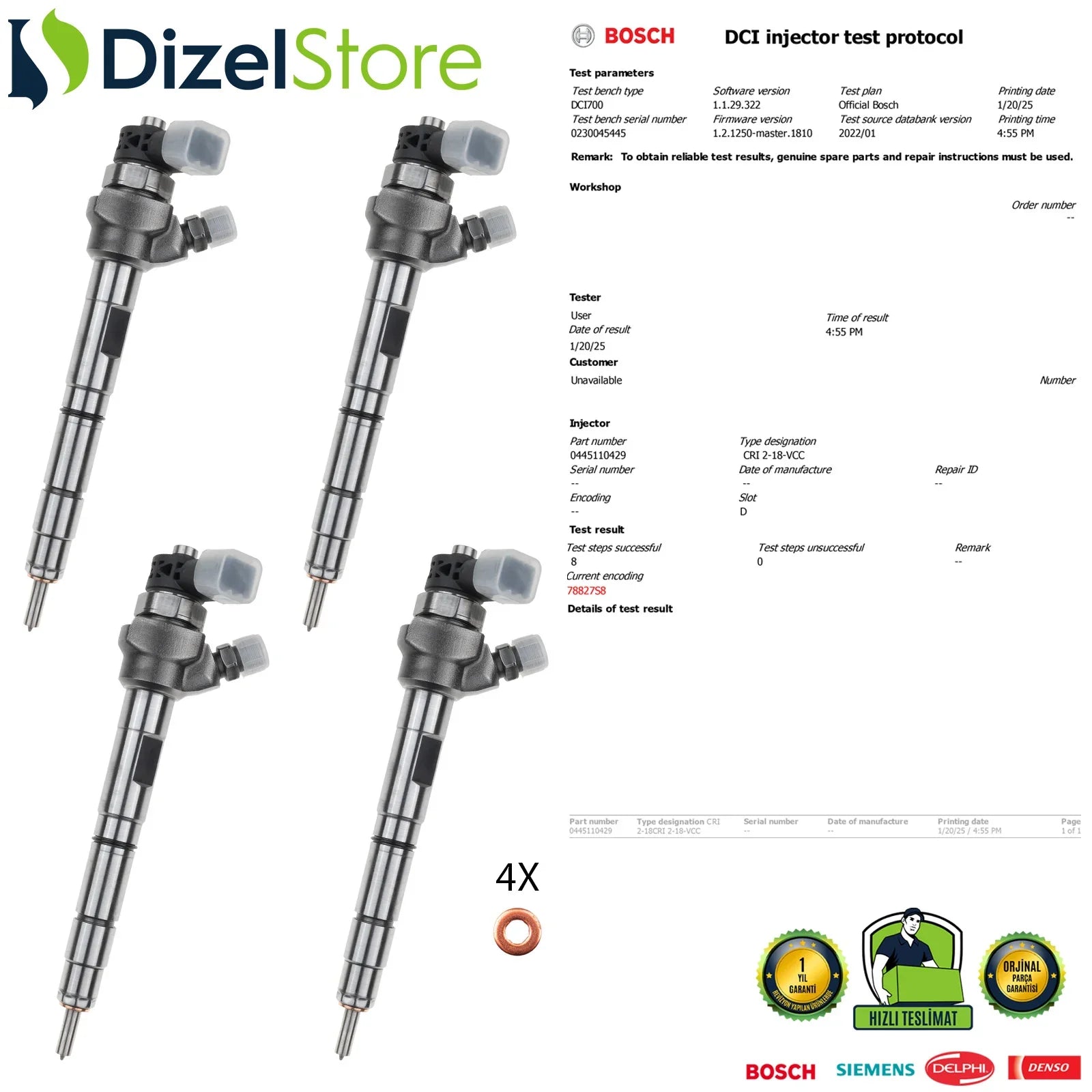X4 0445110429 03L130277N Bosch Enjektör Audi A3 VW Passat 2.0 TDI 03L130277R - Dizel Store