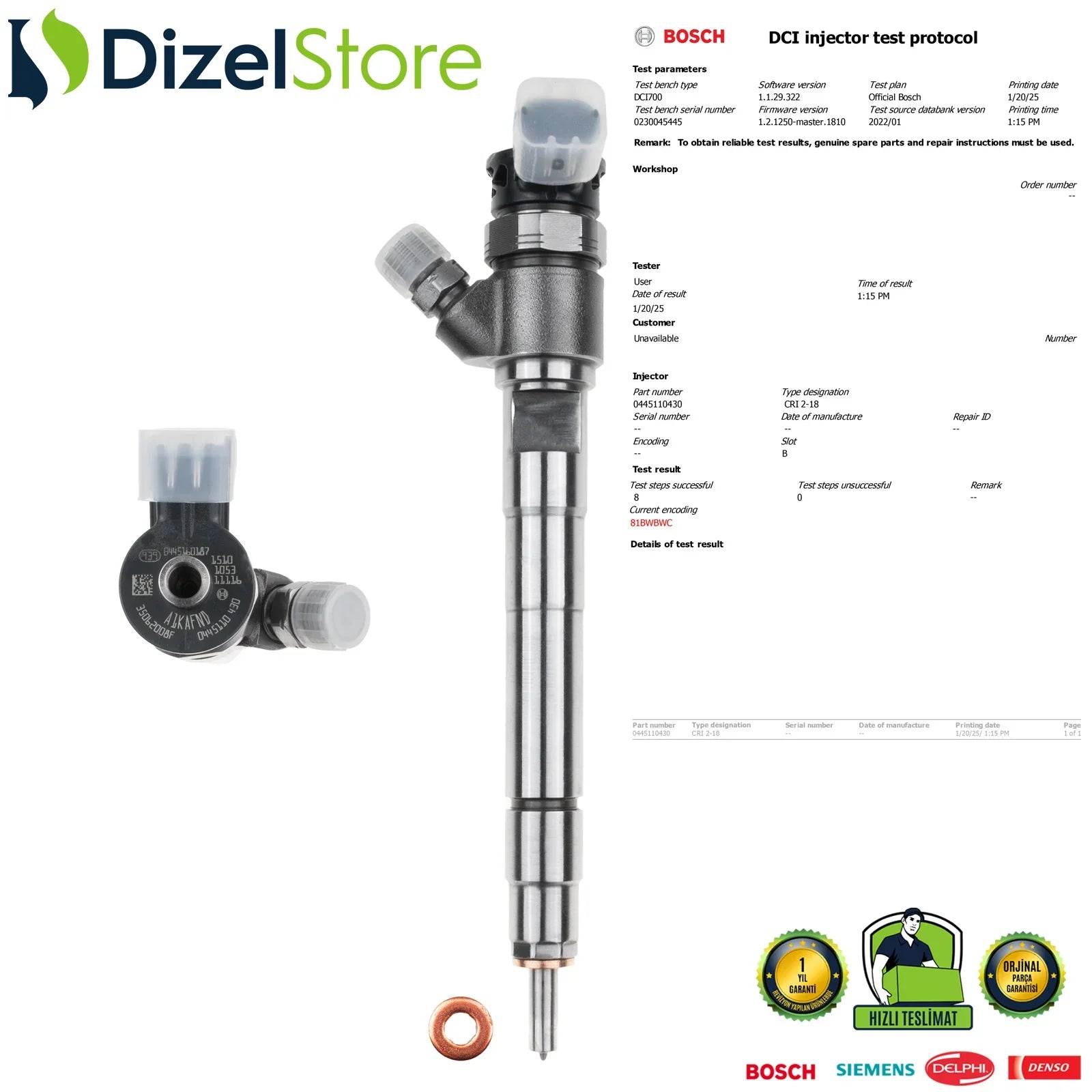 0445110430 Bosch Enjektör Jeep Grand Cherokee 3.0 CRD 35062008F - Dizel Store