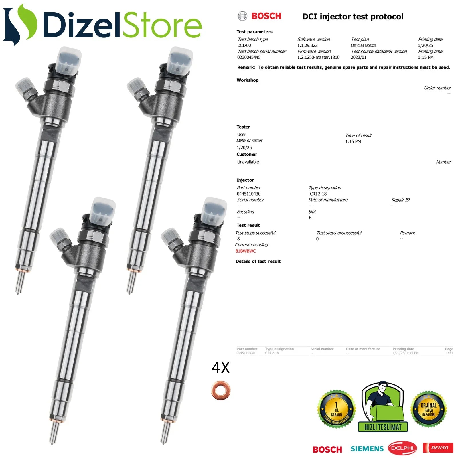 X4 0445110430 Bosch Enjektör Jeep Grand Cherokee 3.0 CRD 35062008F - Dizel Store