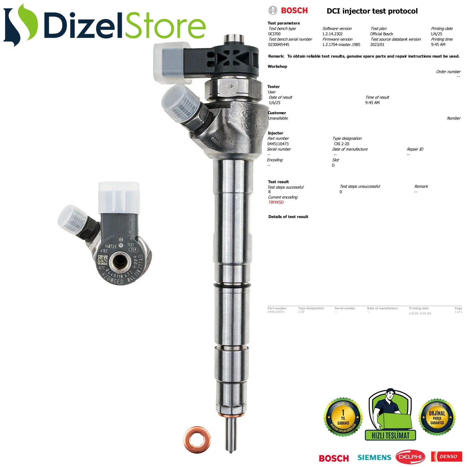 0445110473 Bosch Enjektör Audi Seat Skoda VW Golf Passat Tiguan 1.6 TDI 04L130277AD - Dizel Store