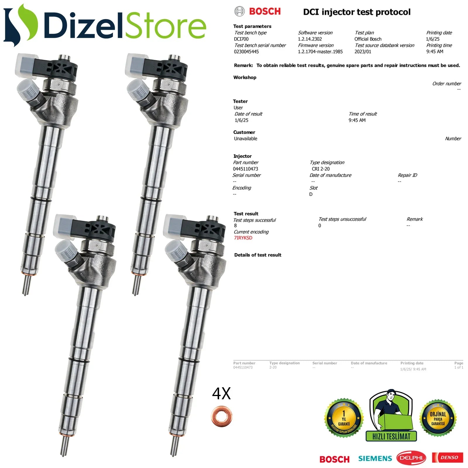 4X 0445110473 Bosch Enjektör Audi Seat Skoda VW Golf Passat Tiguan 1.6 TDI 04L130277AD - Dizel Store