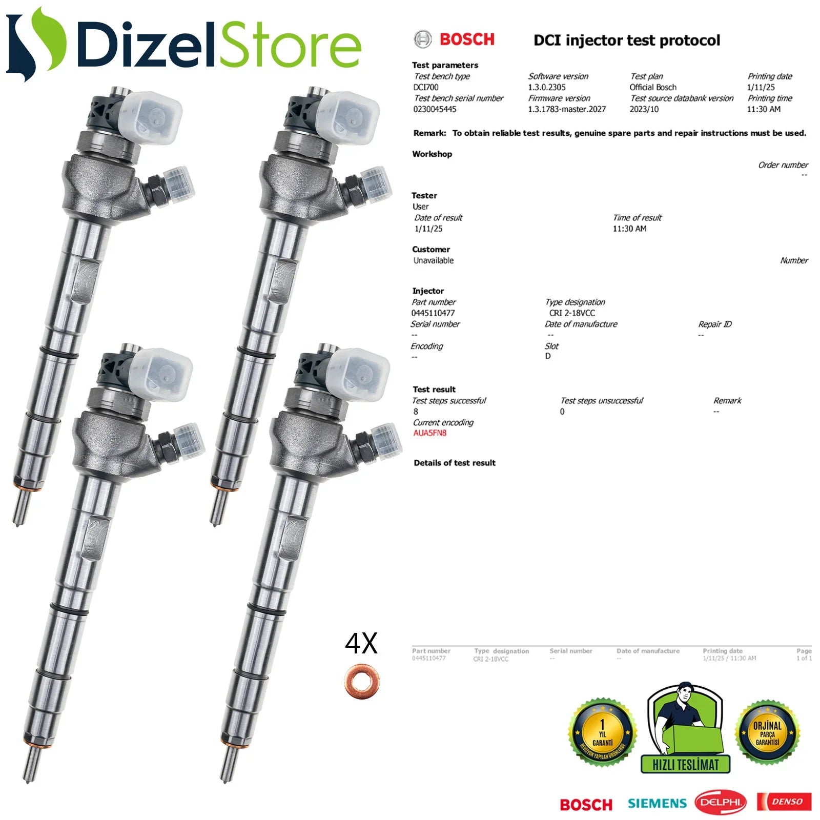 4X 0445110477 Bosch Enjektör Audi Seat Skoda VW Golf 1.6 TDI 04L130277G - Dizel Store