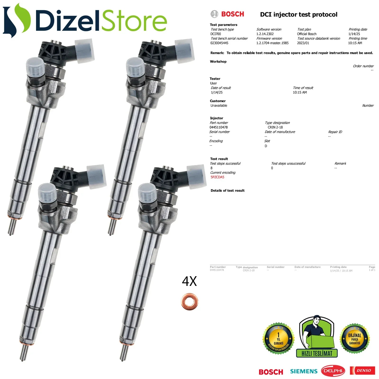 4X 0445110478 Bosch Enjektör BMW E90 F30 F36 F20 120d 320d 330d 520d 13537810702 ( - Dizel Store