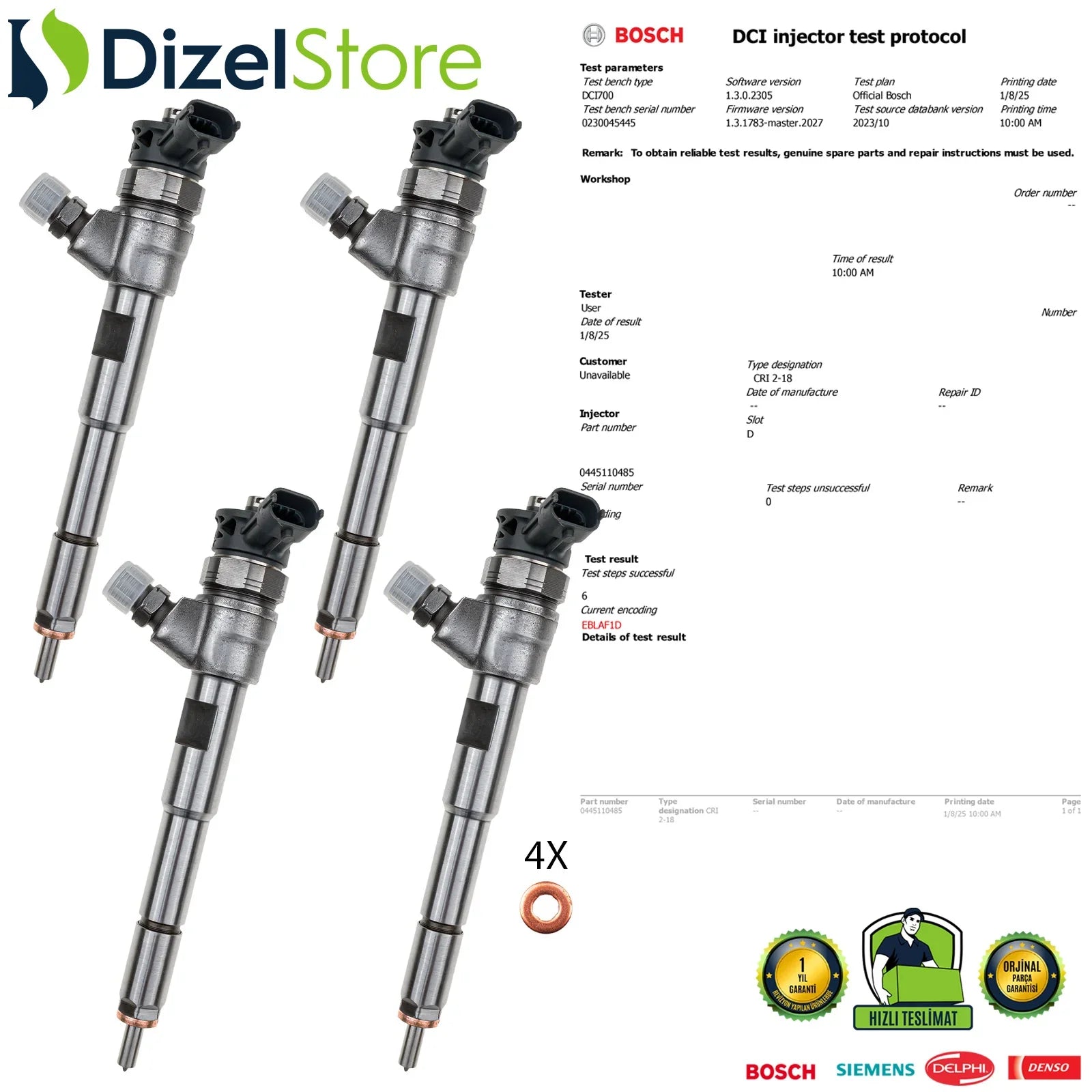 4X 0445110485 Bosch Enjektör Renault Symbol Dacia Nissan Captur 1.5 dCi H8201108033 - Dizel Store
