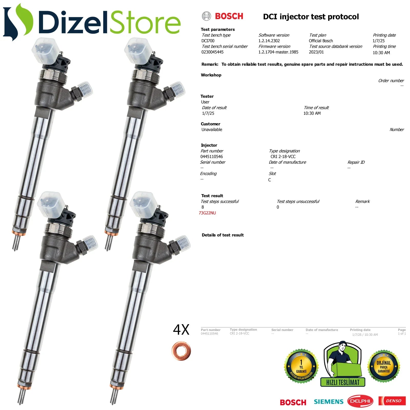 4X 0445110546 166007885R Bosch Enjektör Nissan Renault Talisman Trafic 1.6 dCi 0986435273 - Dizel Store