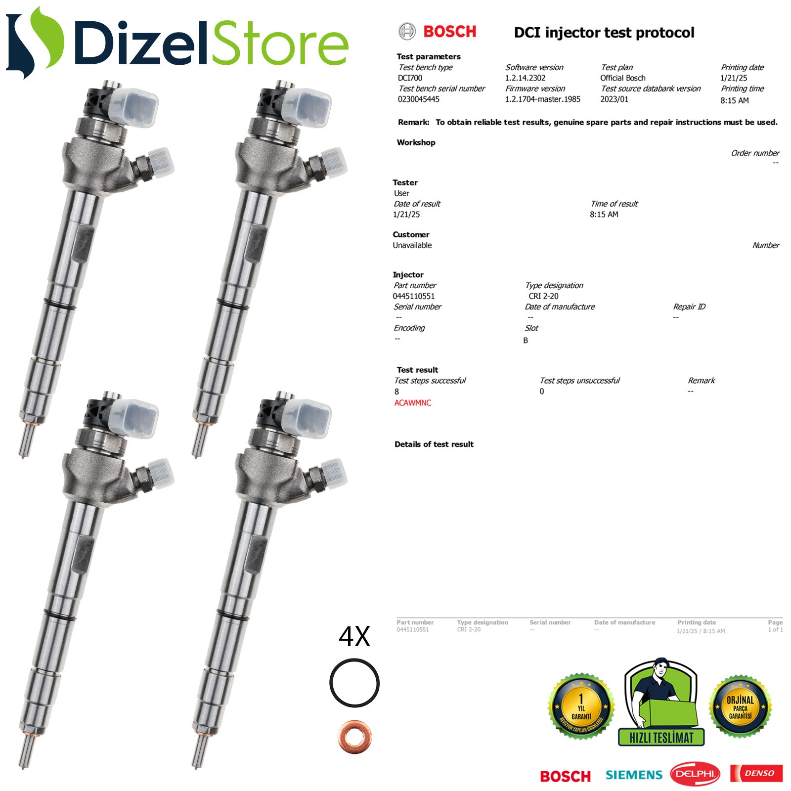 X4 0445110551 Bosch Enjektör VW Crafter 2.0 TDI 03L130277P
