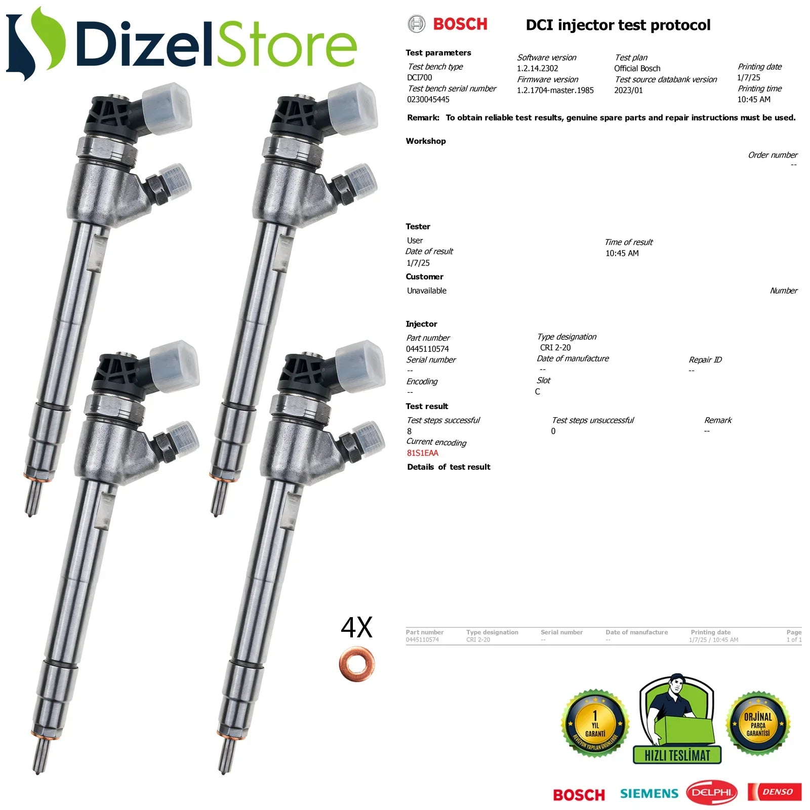 4X 0445110574 Bosch Enjektör Mercedes-Benz Marco Polo Vito 119 CDI A6510703187 - Dizel Store