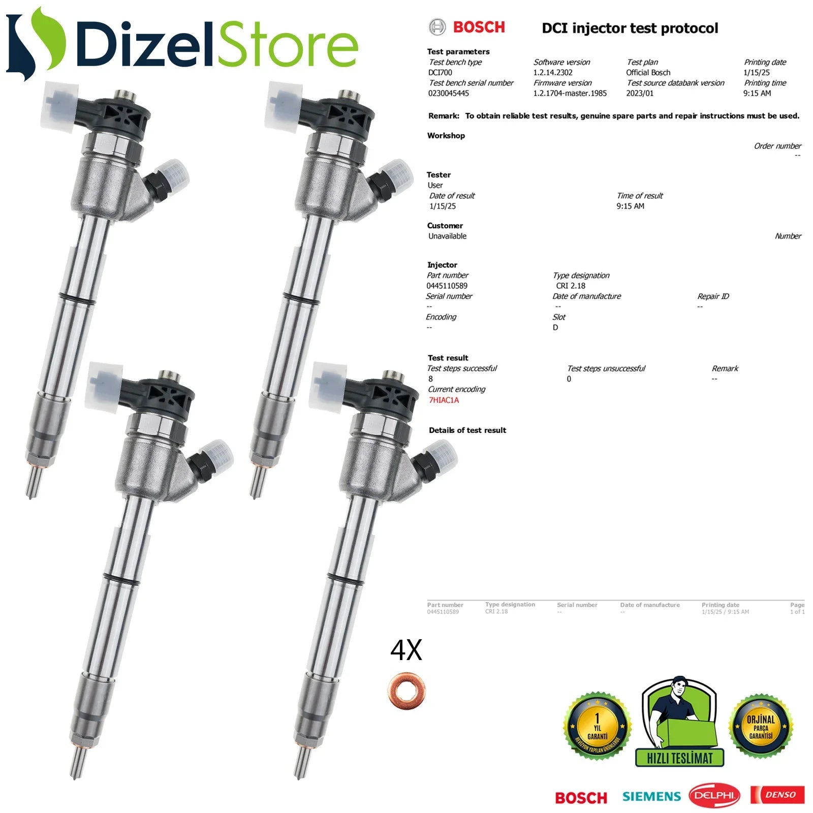 4X 0445110589 Bosch Enjektör Hyundai Kia Carens 1.7 CRDi 33800-2A610 - Dizel Store