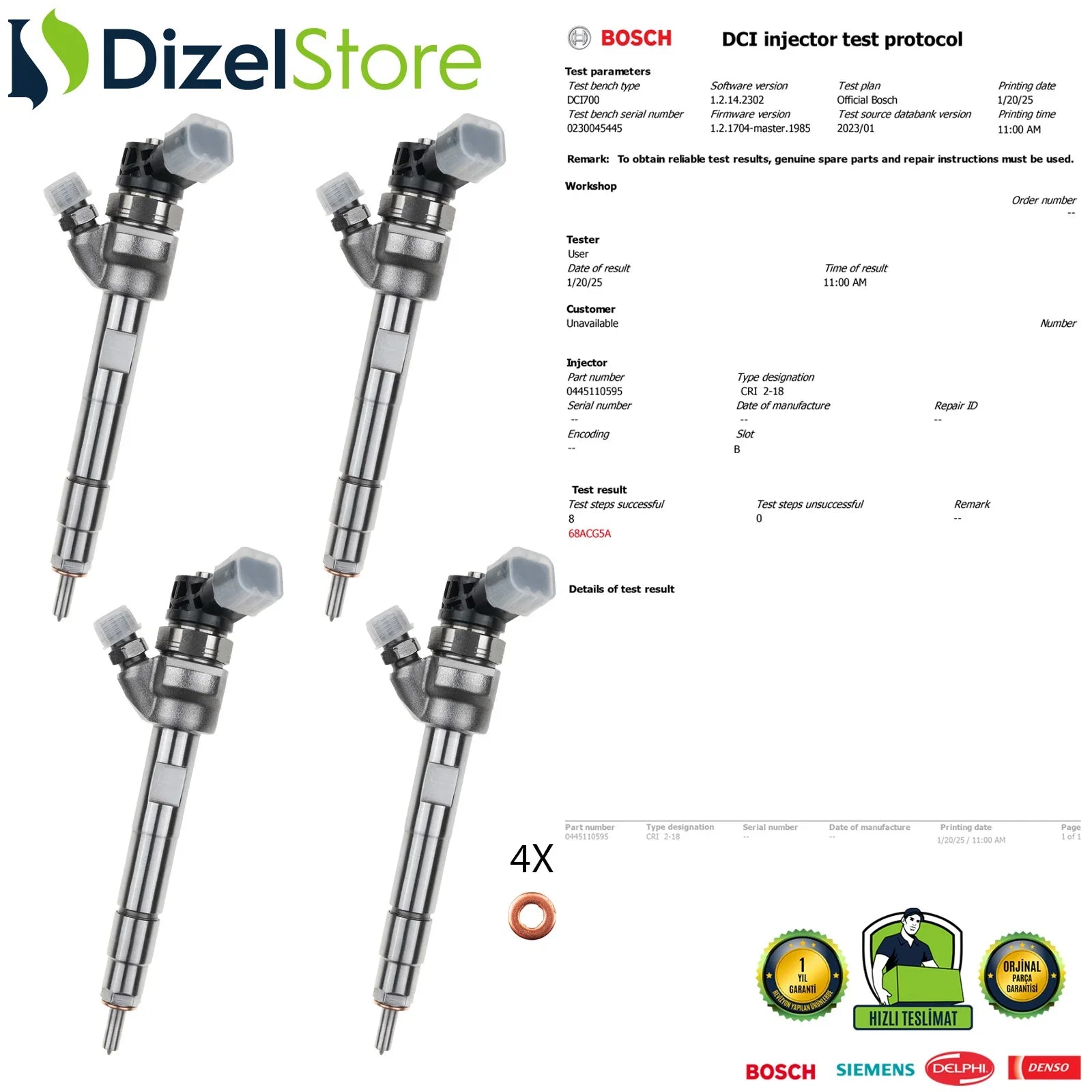 X4 0445110595 Bosch Enjektör BMW E90 F30 F36 F20 120d 320d 330d 520d 13538576298 - Dizel Store