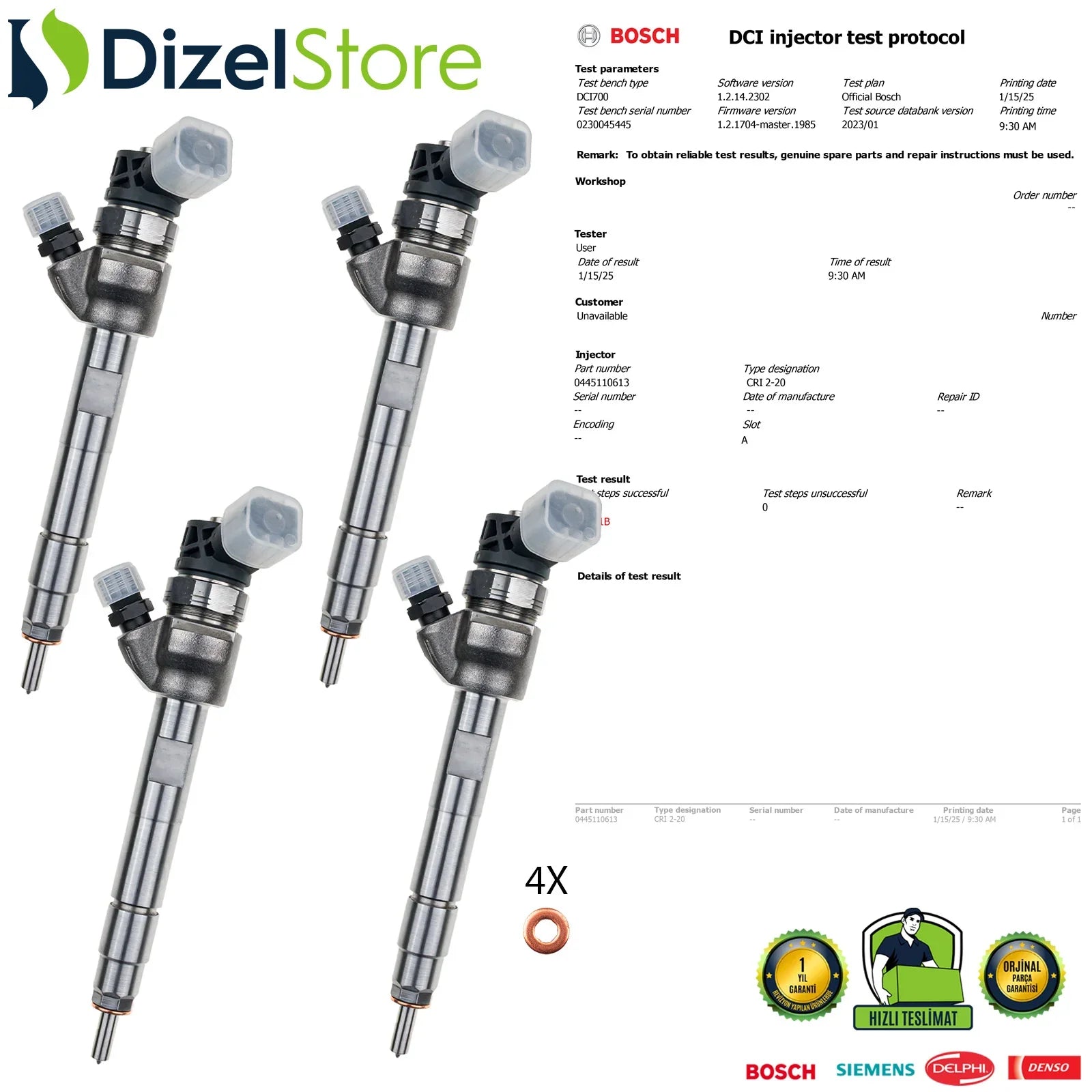 4X 0445110613 Bosch Enjektör MINI BMW F20 F30 F36 418 d 13538514146 - Dizel Store