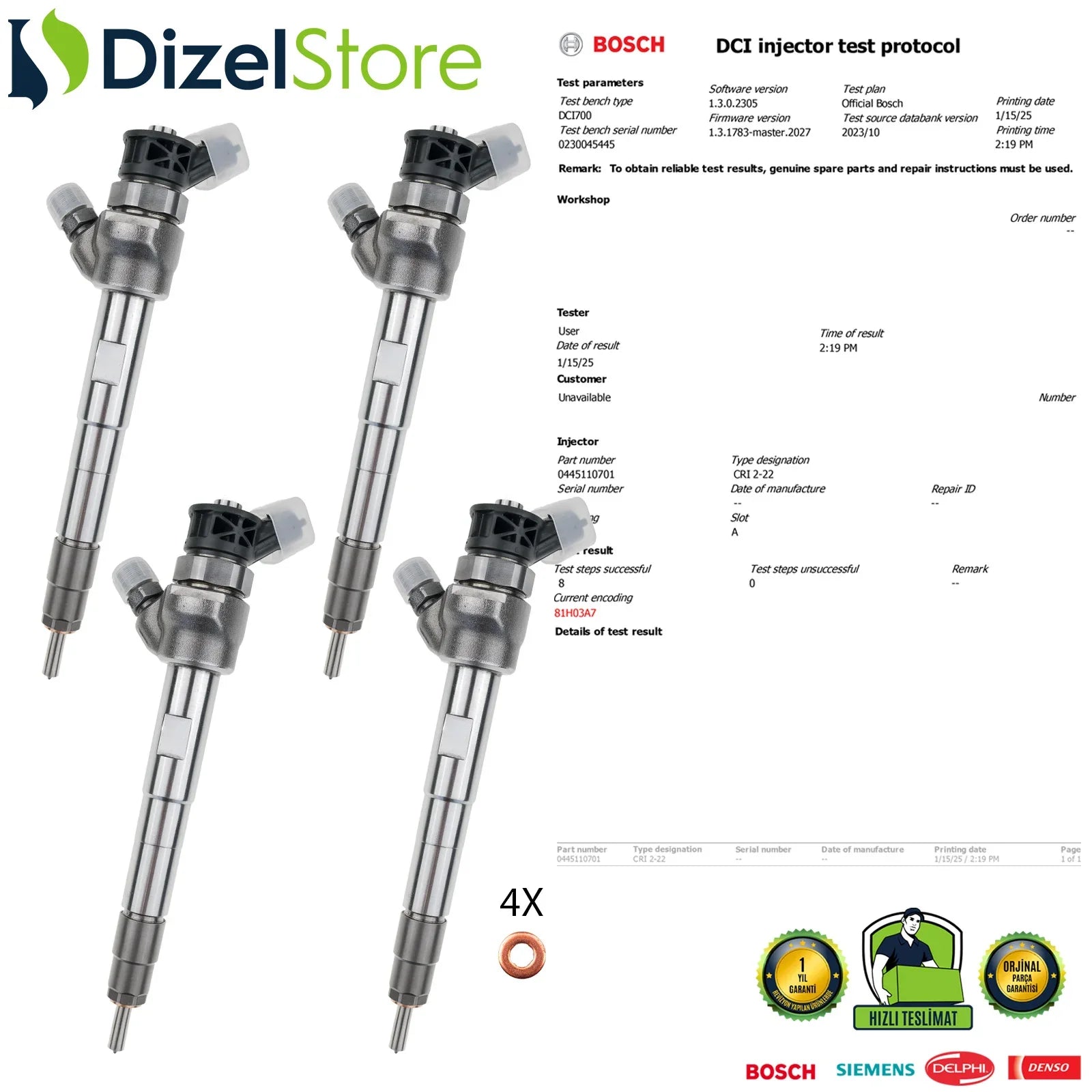 4X 0445110701 Bosch Enjektör Jaguar Land Rover Discovery 2.0 D G4D3-9K546-BB - Dizel Store