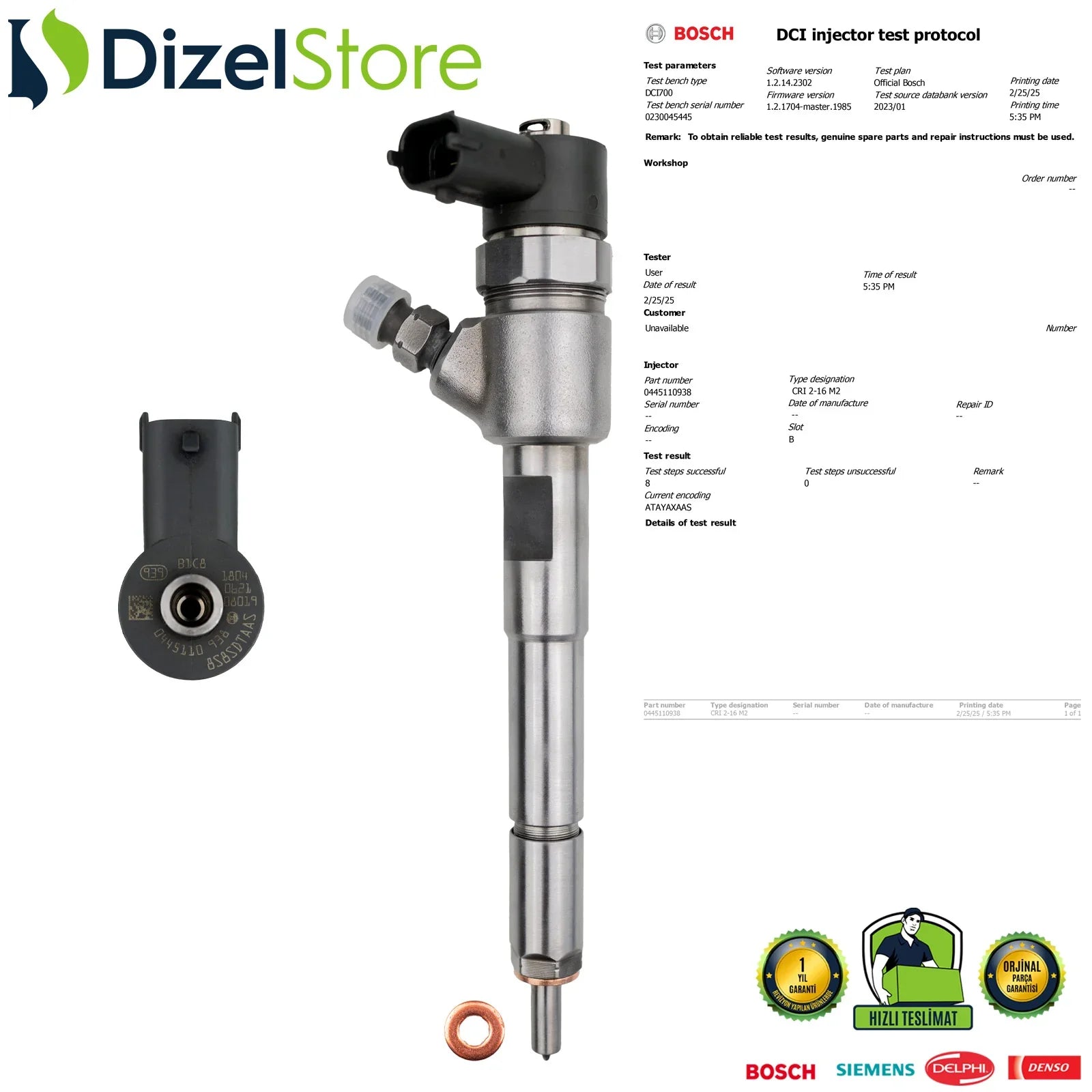 0445110938 Bosch Enjektör FIAT DOBLO 1.3 EURO 6 & EGEA ADBLUE - Dizel Store