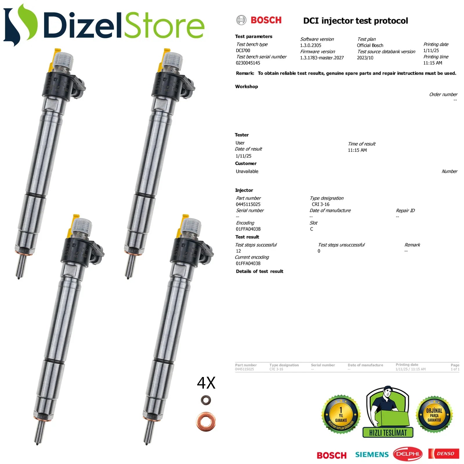 X4 0445115025 Bosch Piezzo Enjektör Peugeot Fiat Citroen Ford Galaxy Mondeo 2.2 TDCi 9659228880 - Dizel Store