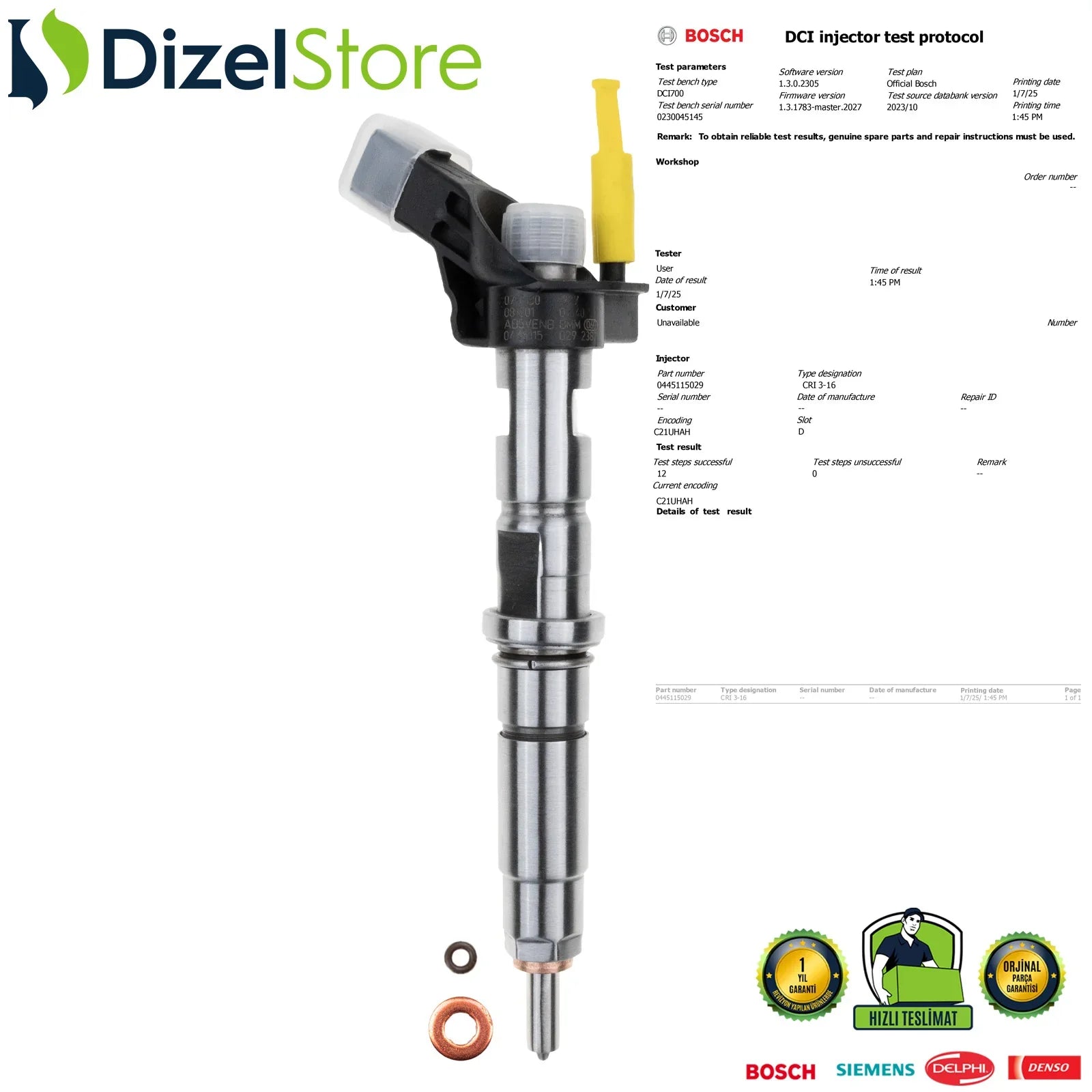 0445115029 Bosch Piezzo Enjektör VW Crafter Minibüs Panelvan Platfrom 2.5 TDI 076130277 - Dizel Store