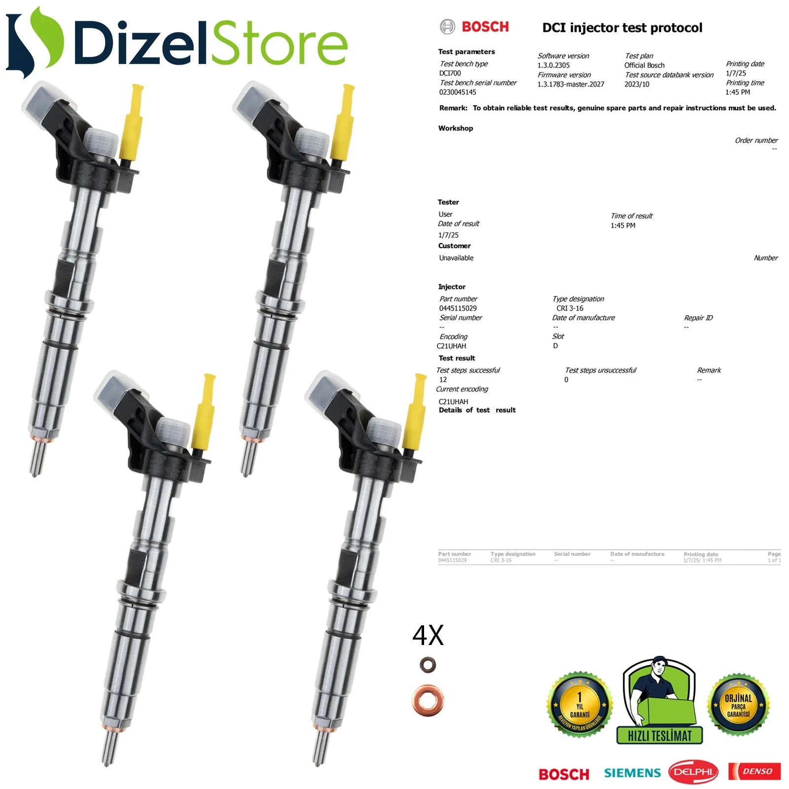 4X 0445115029 Bosch Piezzo Enjektör VW Crafter Minibüs Panelvan Platfrom 2.5 TDI 076130277 - Dizel Store