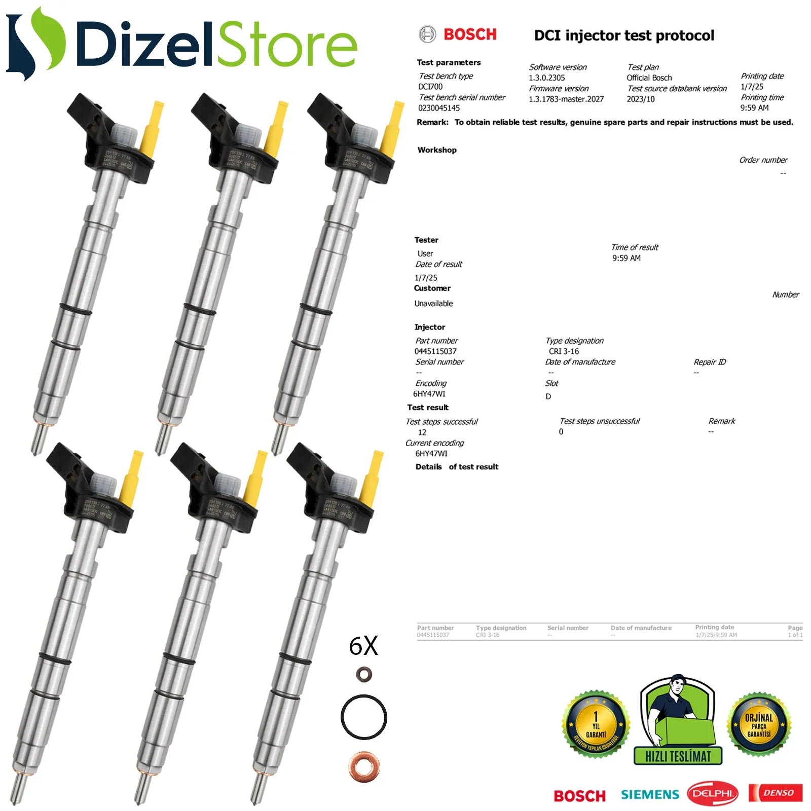 6X 0445115037 Bosch Piezzo Enjektör Audi A4 A6 A8 Q7 VW Phaeton Touareg 3.0 TDI 059130277BD - Dizel Store