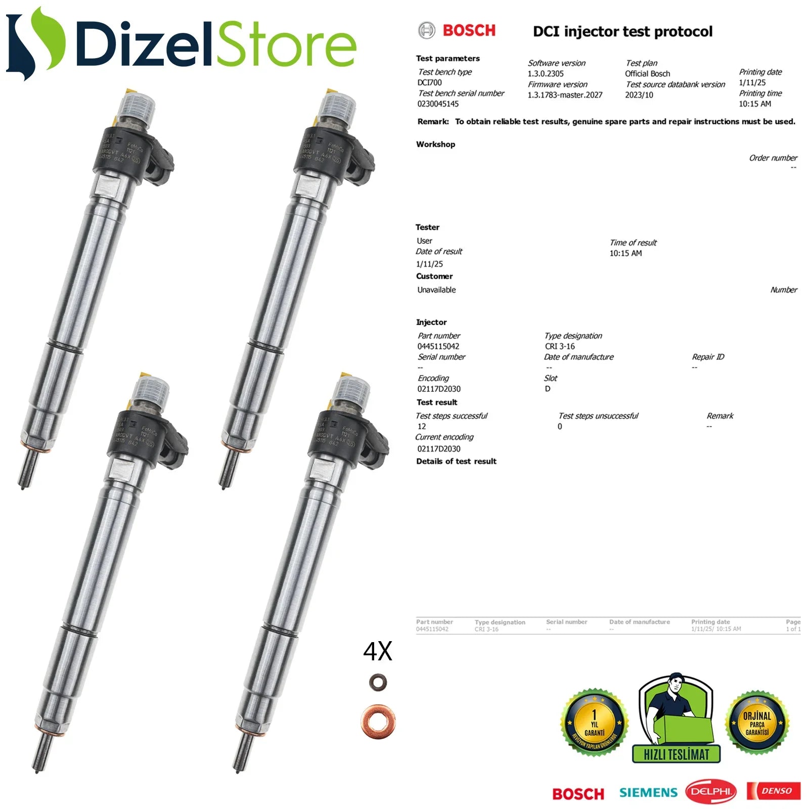 4X 0445115042 Bosch Piezzo Enjektör Land Rover Freelander 2.2 TD4 9659229180 - Dizel Store