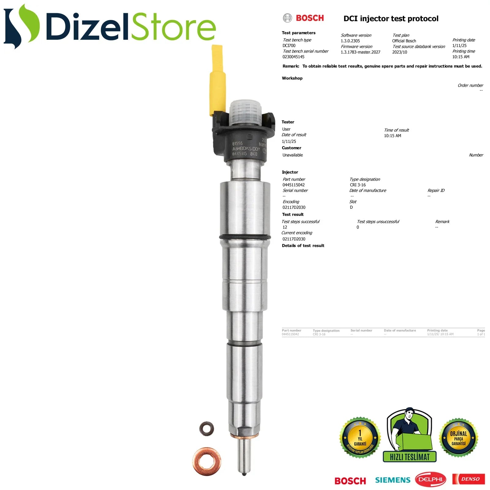 0445115048 Bosch Piezzo Enjektör BMW E90 Cabrio Coupe Touring 330 d 13537801940 - Dizel Store