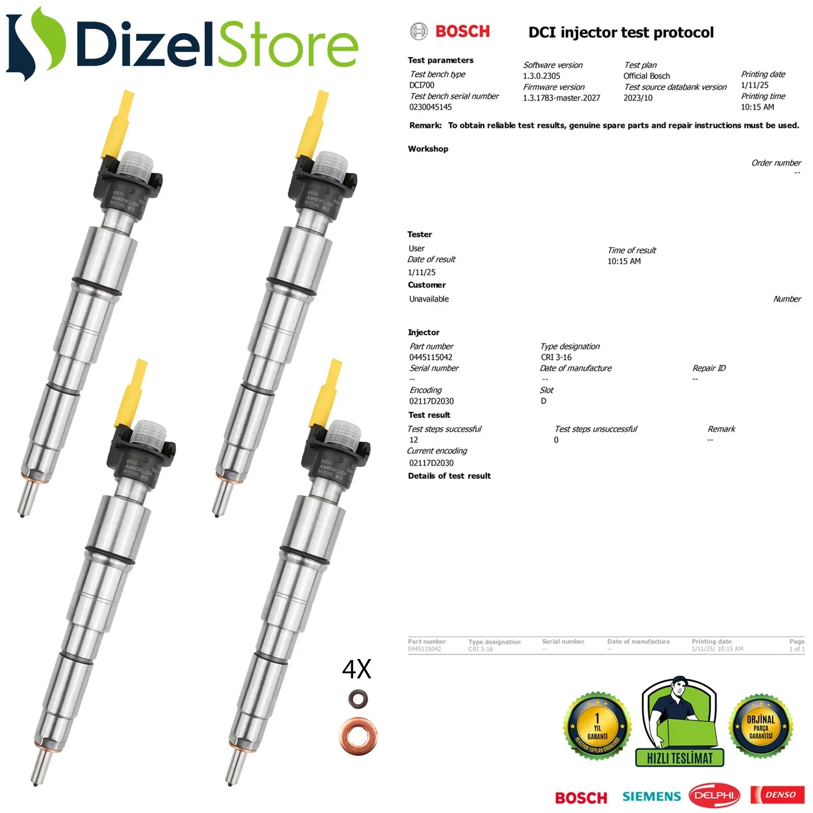 4X 0445115048 Bosch Piezzo Enjektör BMW E90 Cabrio Coupe Touring 330 d 13537801940 - Dizel Store
