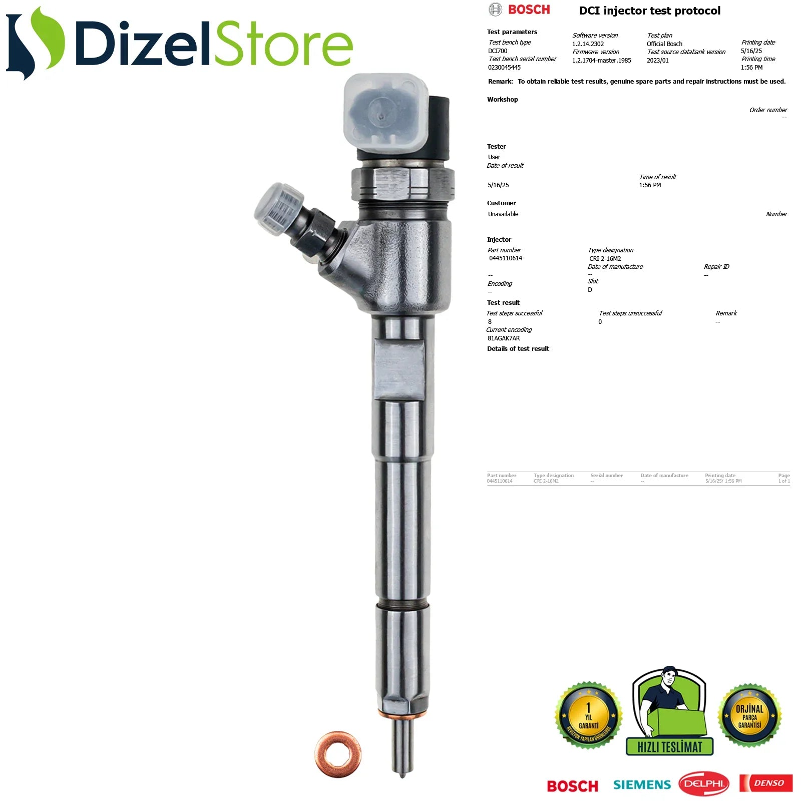 0445110614 Bosch Enjektör Alfa Romeo, Fiat, Lancia, Opel 1.3 - Dizel Store