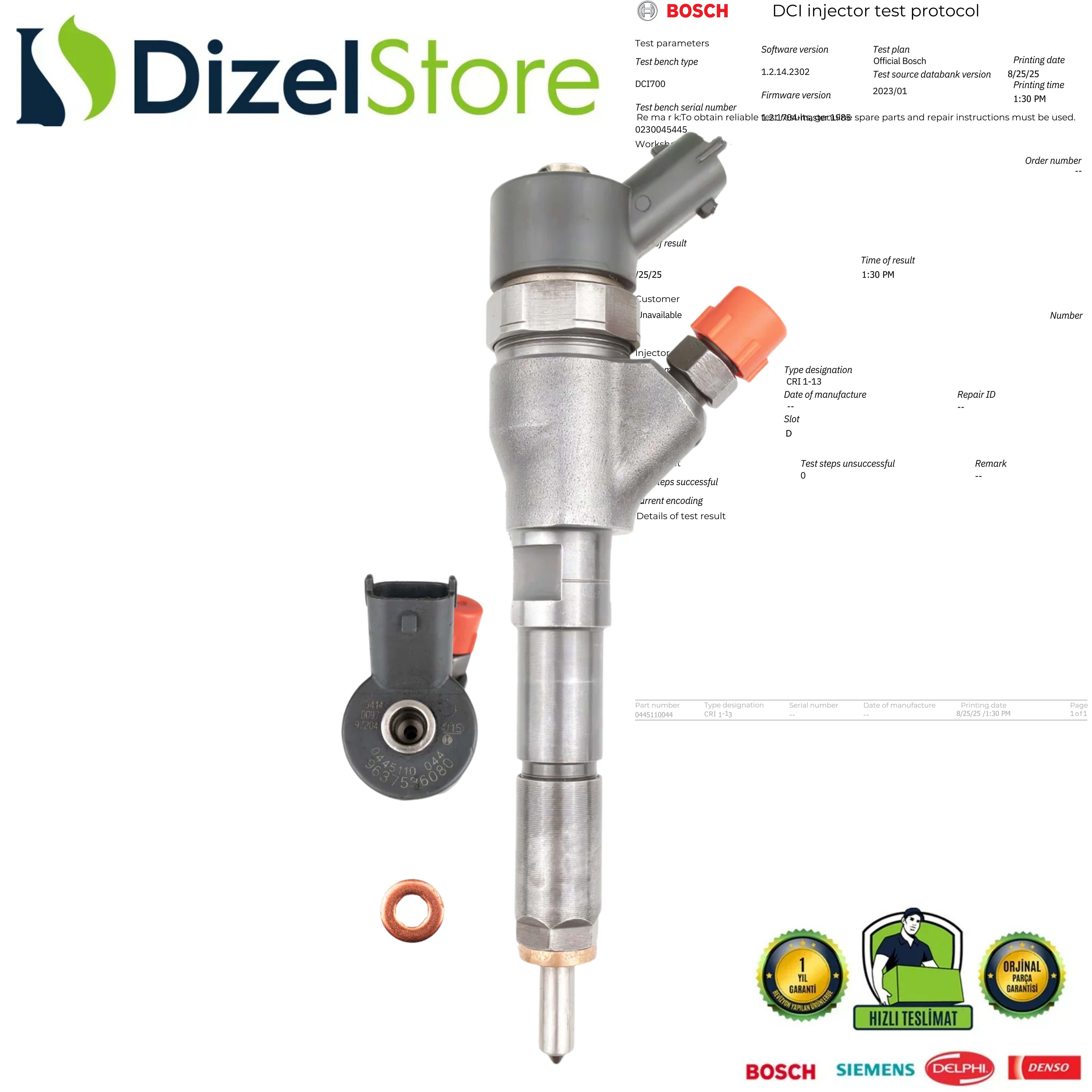 0445110044 Bosch Enjektör Citroen Suzuki Fiat Scudo 2.0 JTD 9456182480