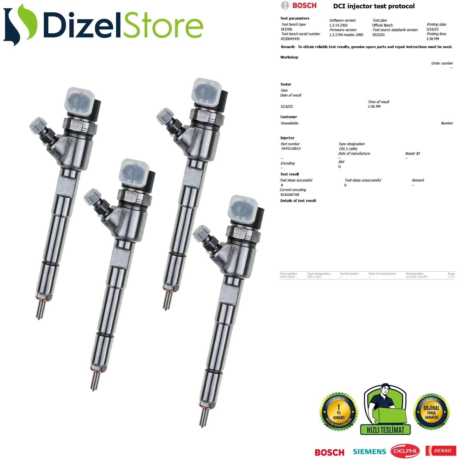 4X 0445110614 Bosch Enjektör Alfa Romeo, Fiat, Lancia, Opel 1.3 - Dizel Store