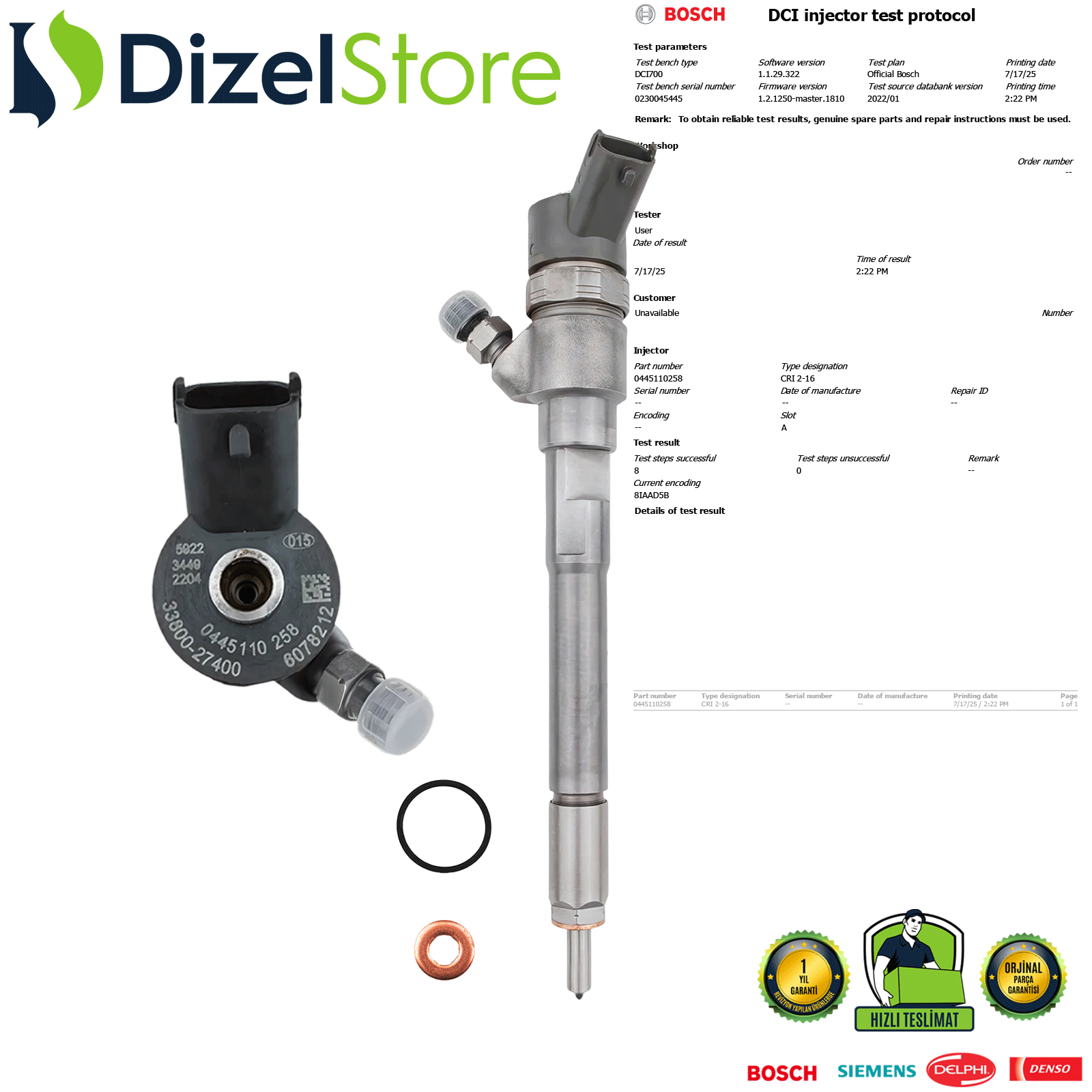 KIA SPORTAGE II 2.0 CRDi ENJEKTÖR 0445110258 0986435156