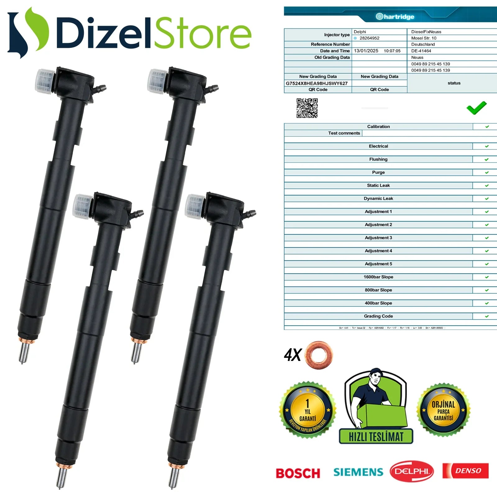 4X 28264952 Delphi Enjektör Opel Chevrolet Orlando Cruze 2.0 V CDI 25183185 - Dizel Store