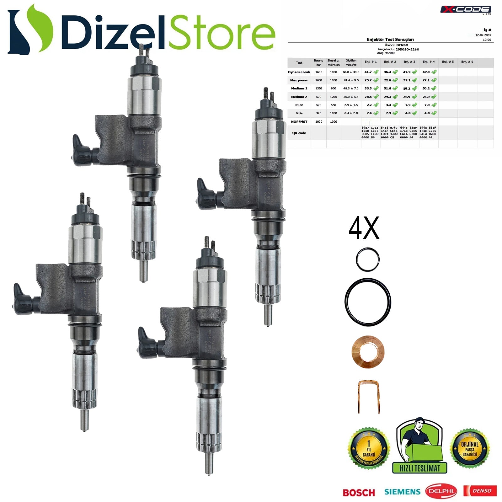 4X 295050-2260/4750 ISUZU 6HK1 7.8 L MOTOR DENSO ENJEKTÖR 8983064750