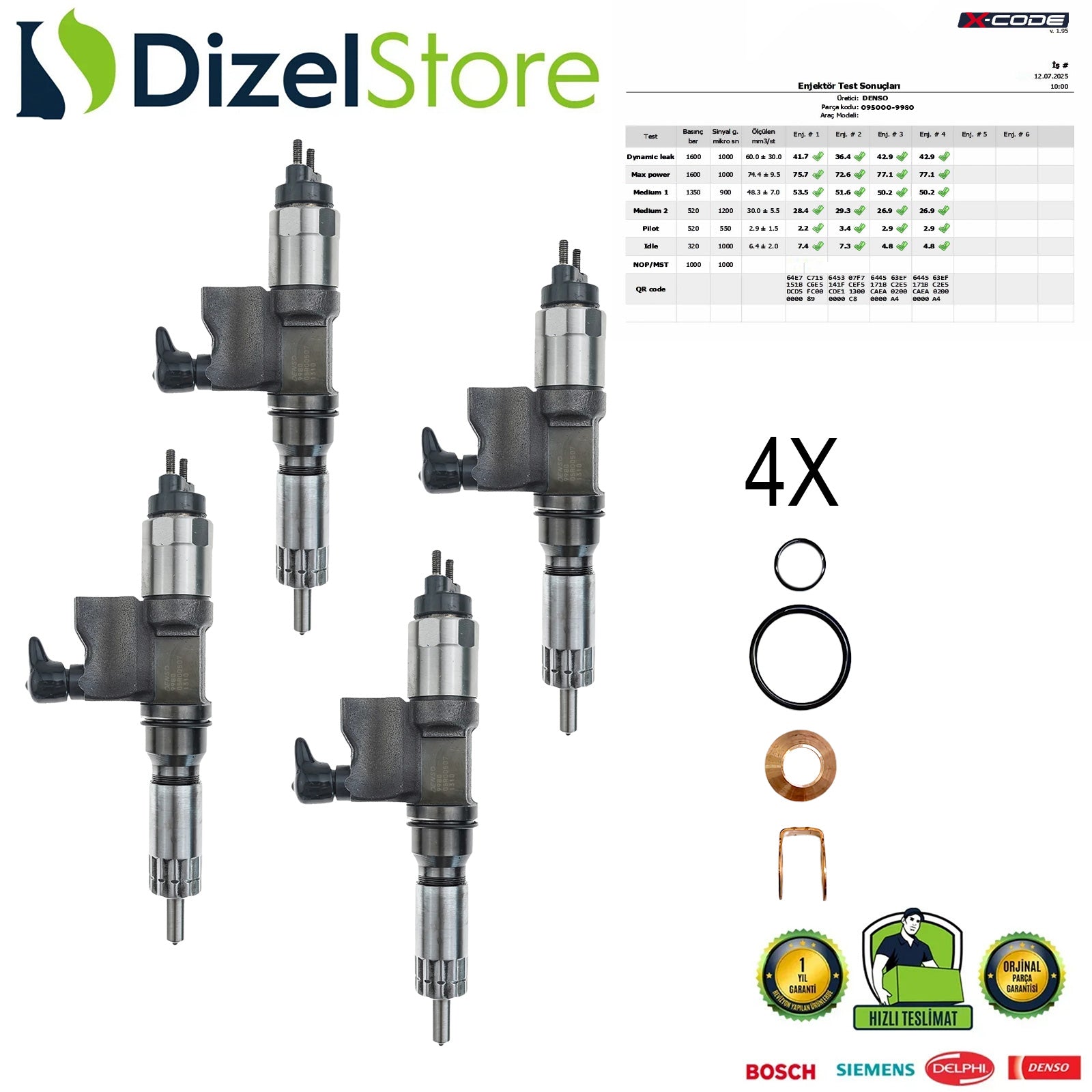 4X 095000-9980 ISUZU 4H1K 5.2L MOTOR YENİ DENSO ENJEKTÖR 8982631310