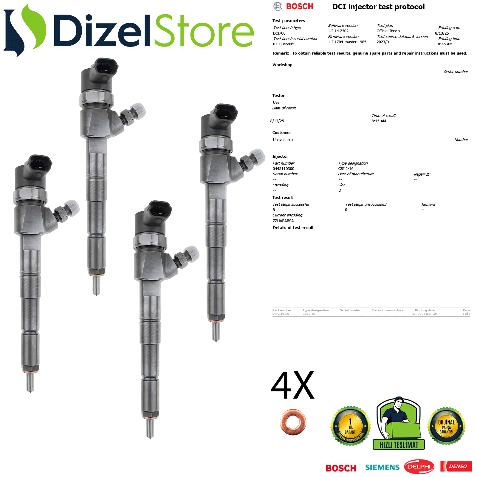 4X FİAT EGEA DOBLO 1.6 DİZEL ENJEKTÖR 0445110300 AV2Q9F593AA