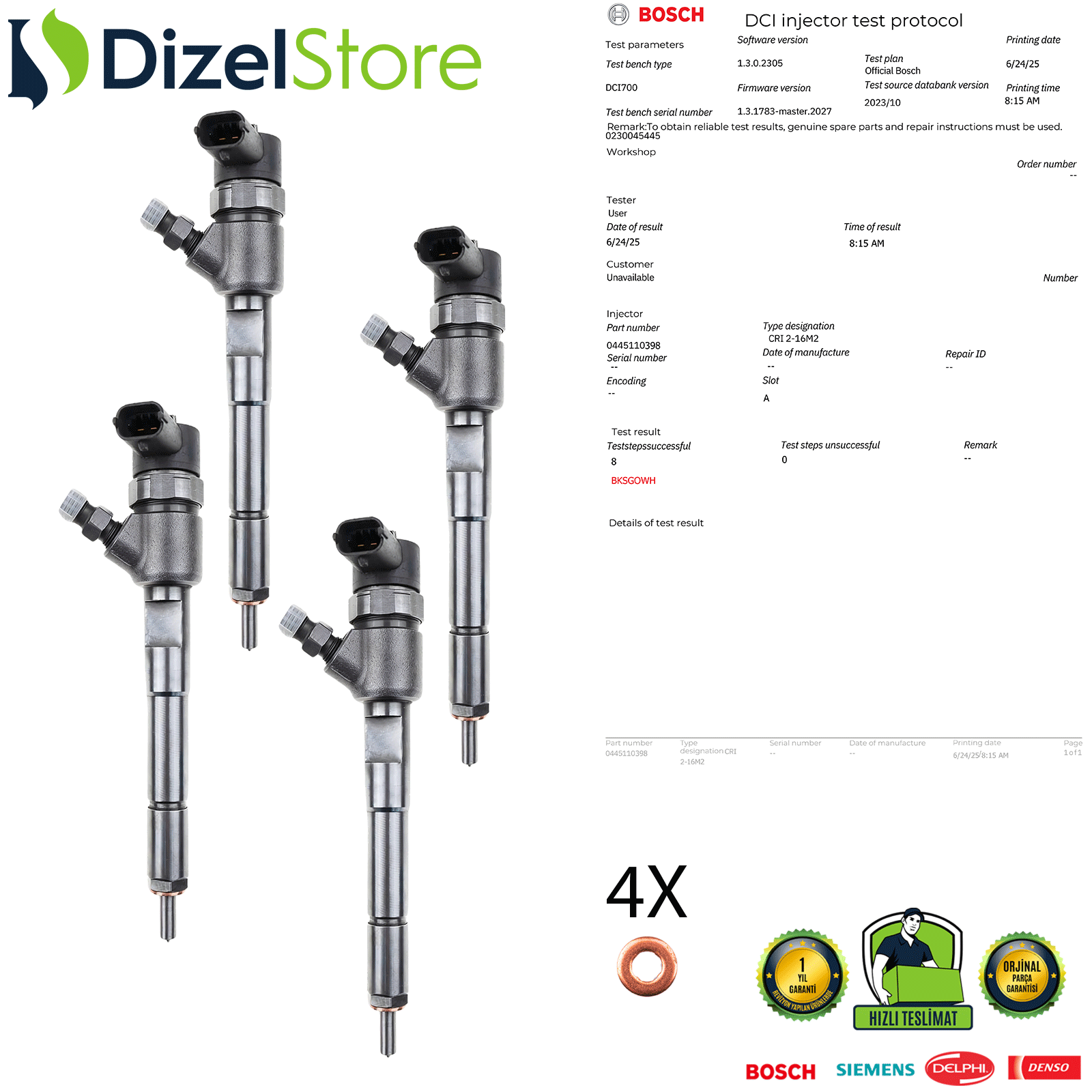 4X SUZUKI SWIFT IV 1.3 DDiS BOSCH ENJEKTÖR 0445110398 15710-68L00