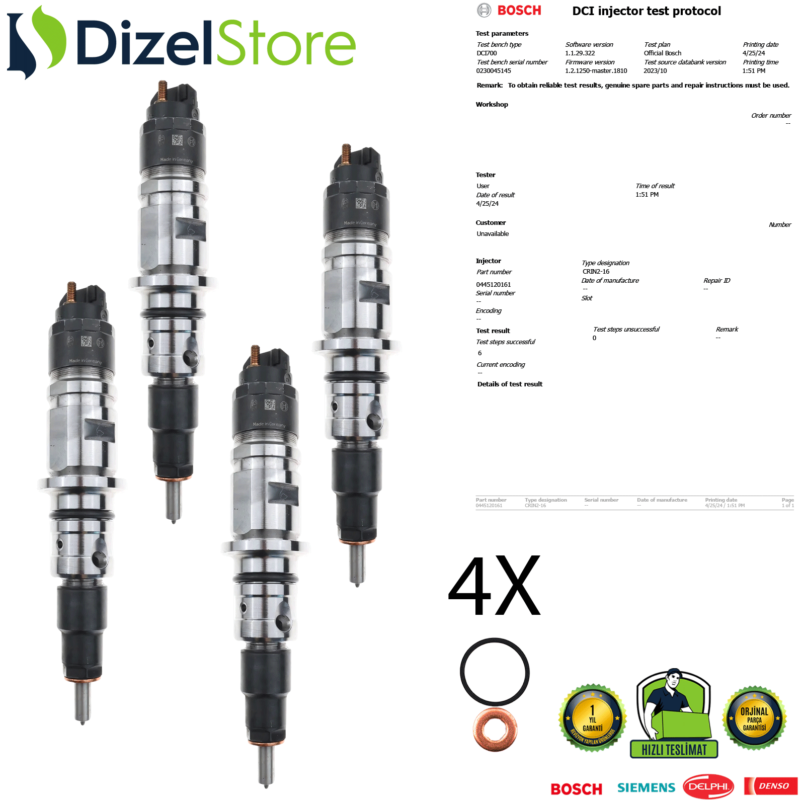 4X CUMMİNS MOTOR 4.4L FORD TEMSA ENJEKTÖR 0445120161 BH1X9K526CA