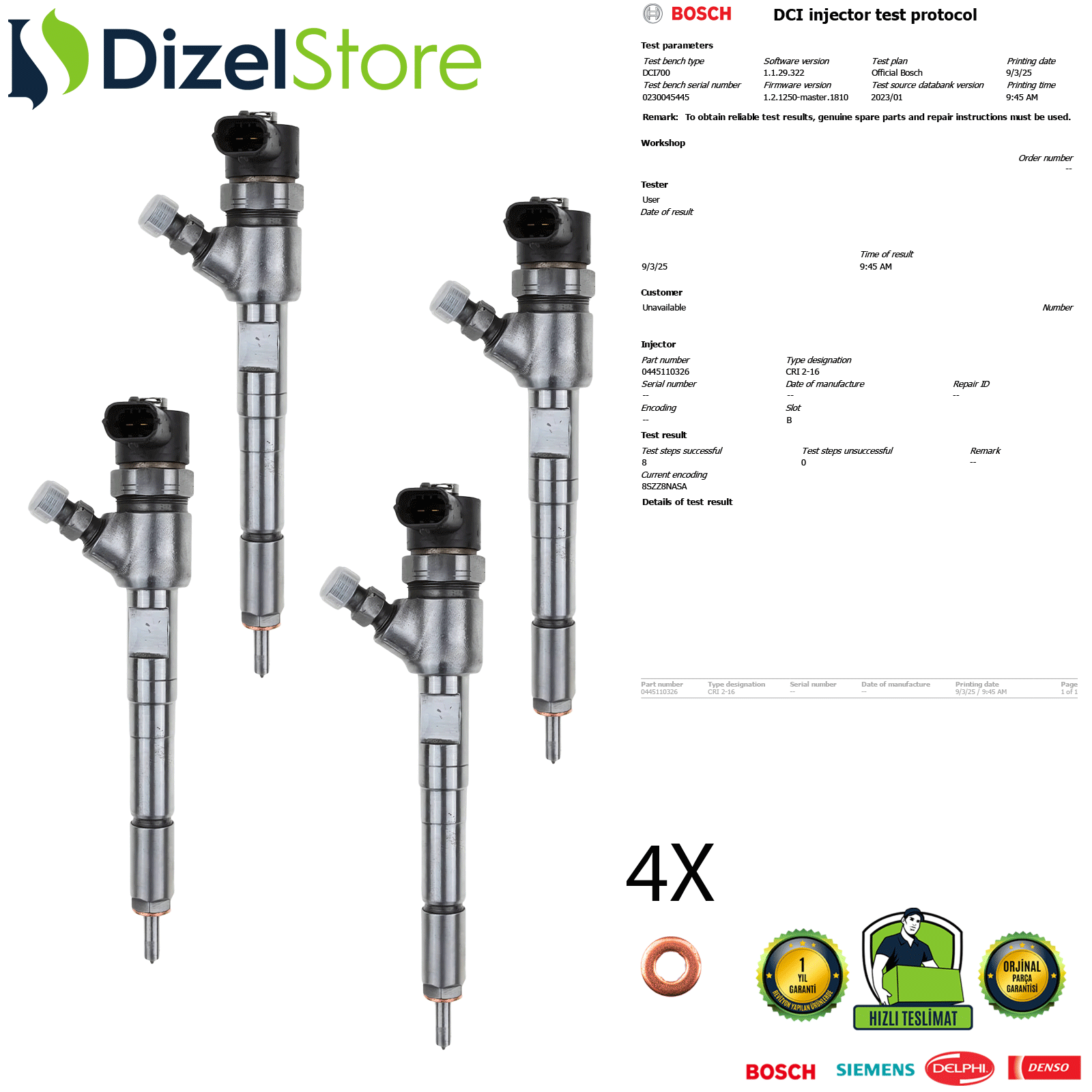 4X CHEVROLET AVEO 1.3 D DİZEL ENJEKTÖR 0445110326 0986435200