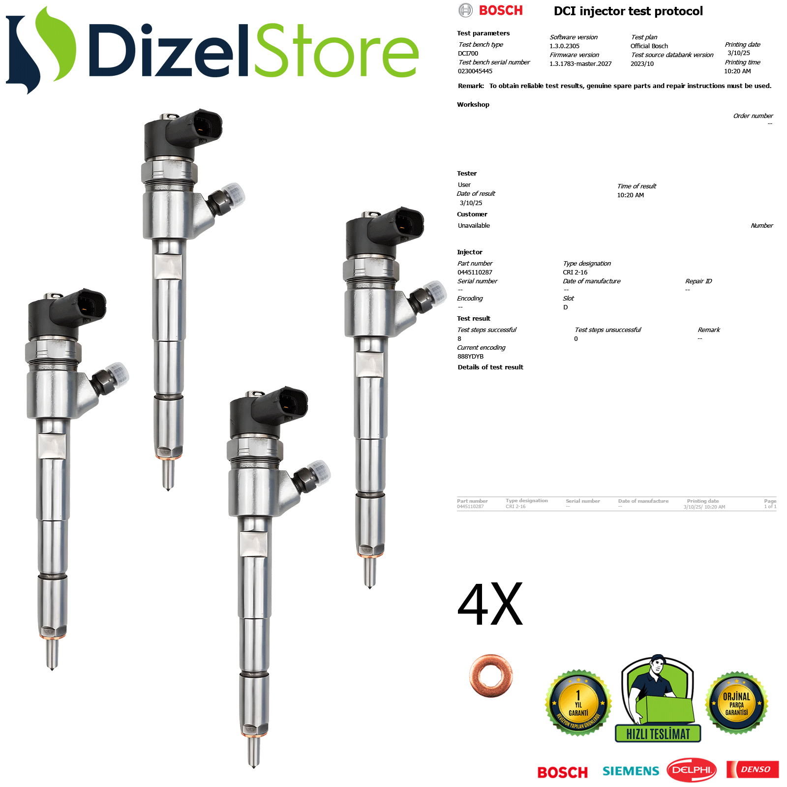 4X 0445110287 Chrysler Voyager / LDV Maxus 2.5 D ENJEKTÖR 15062053F 0986435277