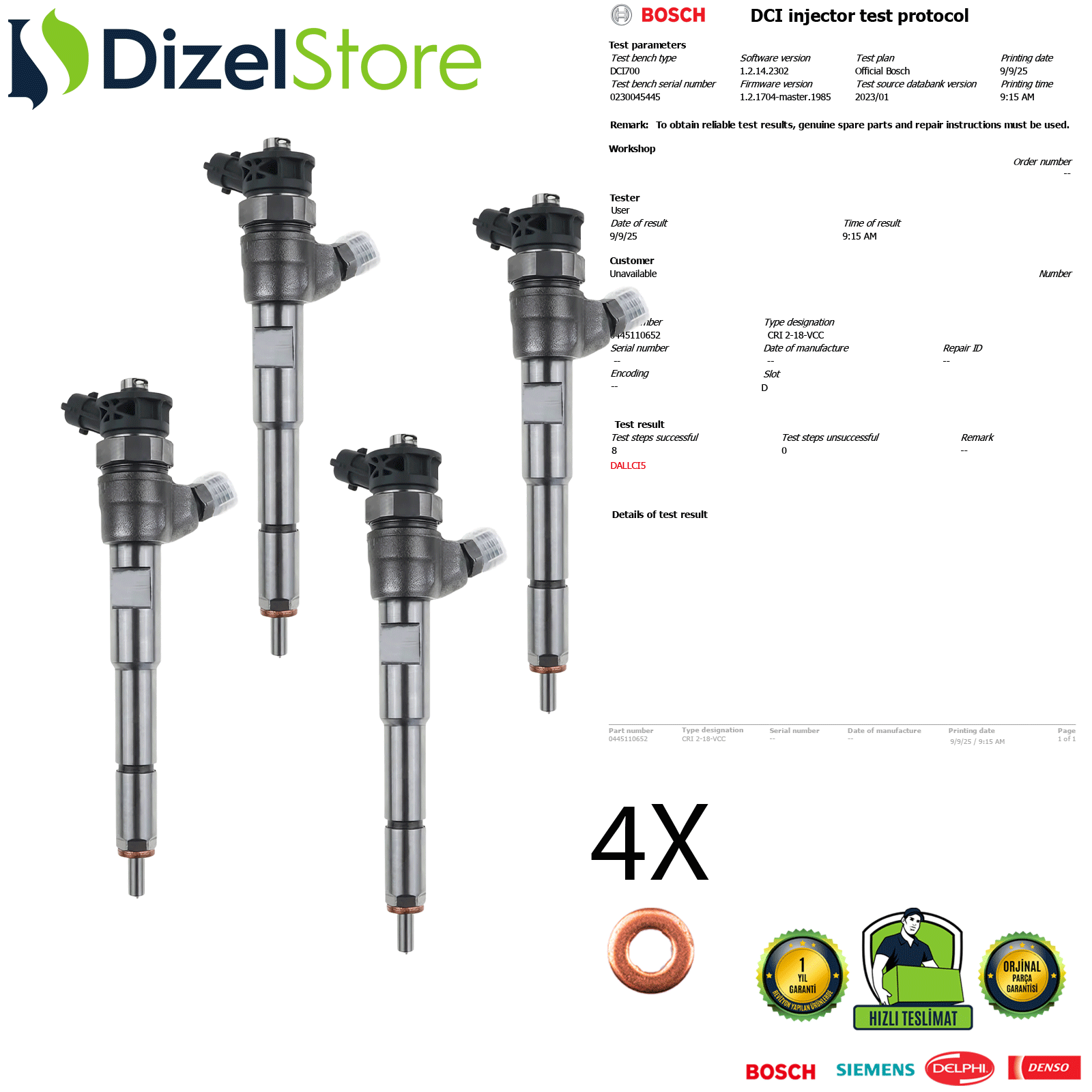 4X RENAULT CLİO 4 SYMBOL 4 DACİA EURO5 MOTOR 1.5 Dci 0445110652 H8201108033