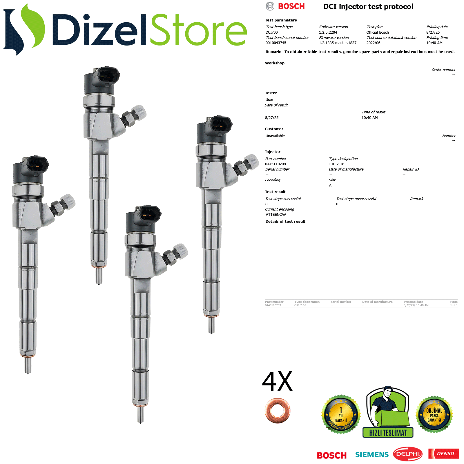 4X FIAT LANCIA ALFA ROMEO ENJEKTÖR. FIAT DOBLO CARGO FIAT BRAVO FIAT SEDICI 2.0 JTD 0445110299 55209382