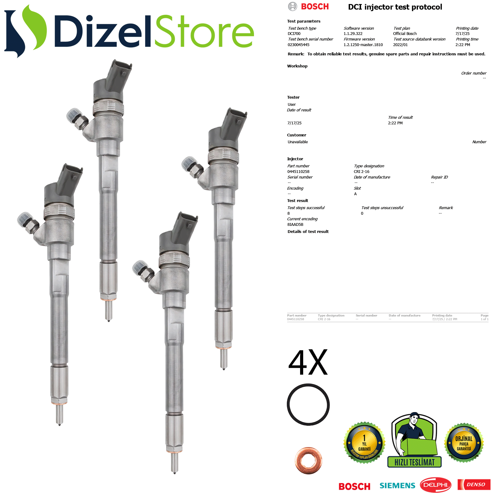 4X KIA SPORTAGE II 2.0 CRDi ENJEKTÖR 0445110258 0986435156