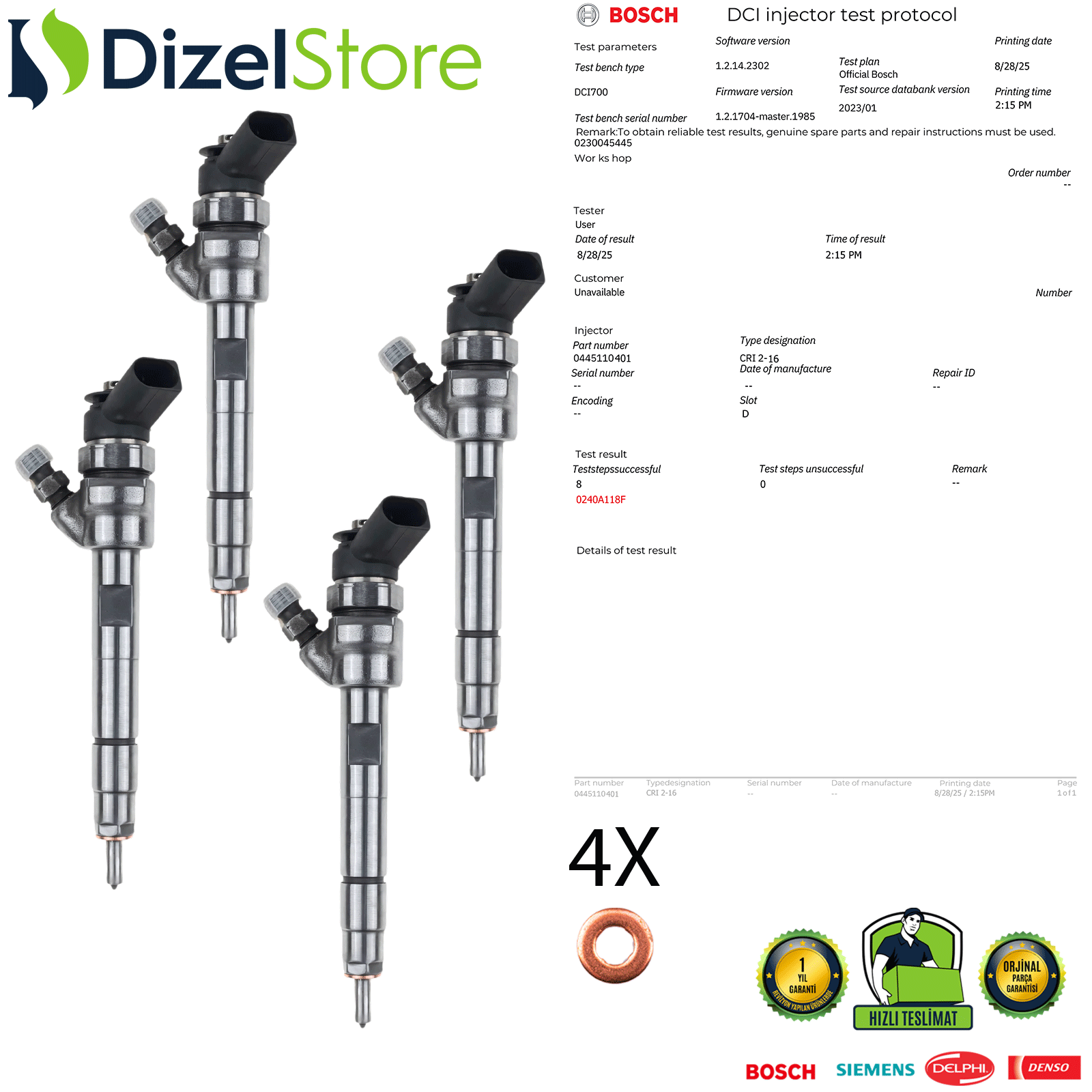 4X 0445110401 MİNİ COOPER 1.6 R55 R56 R57 R60 R61 ENJEKTÖR 0445110600