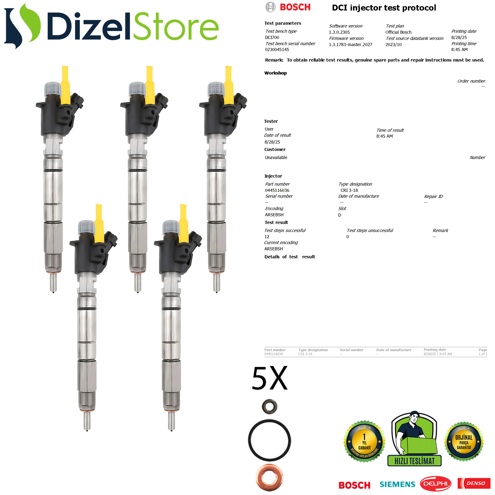 5X 0445116036 VOLVO 2,4D BOSCH ENJEKTÖR 0986435408