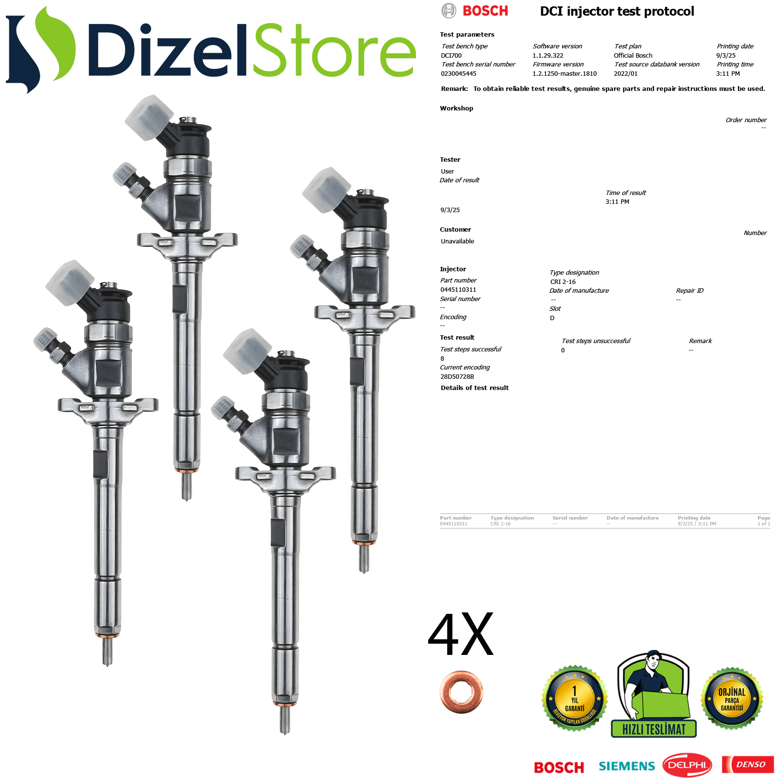 4X CİTROEN BERLİNGO 1.6 HDi 0445110311 0986435146