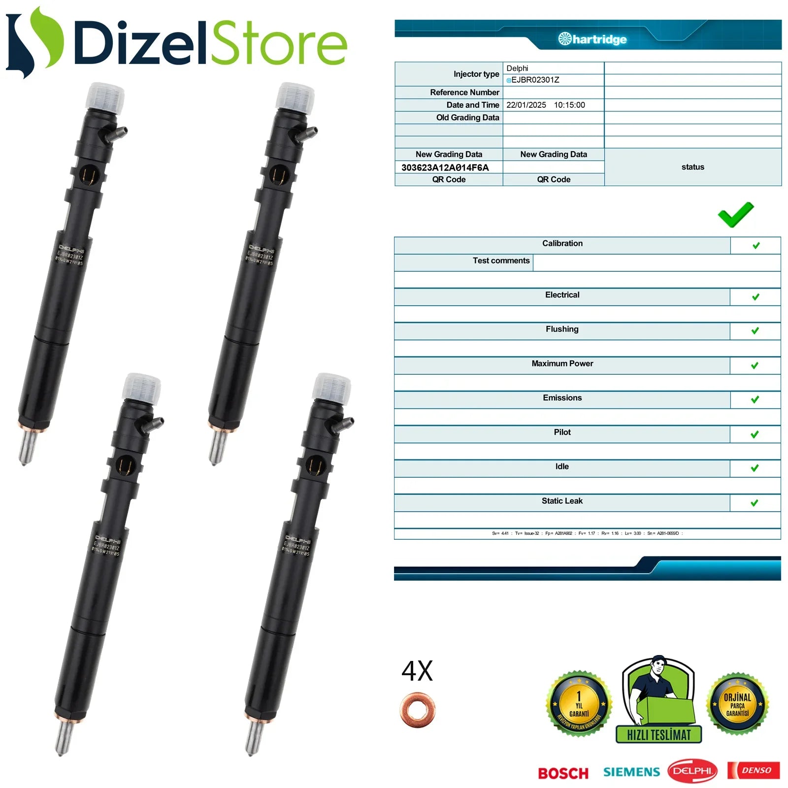 4X EJBR02301Z Delphi Injektor Hyundai Terracan Kia Carnival 2.9 CRDi 33800-4X500 - Dizel Store