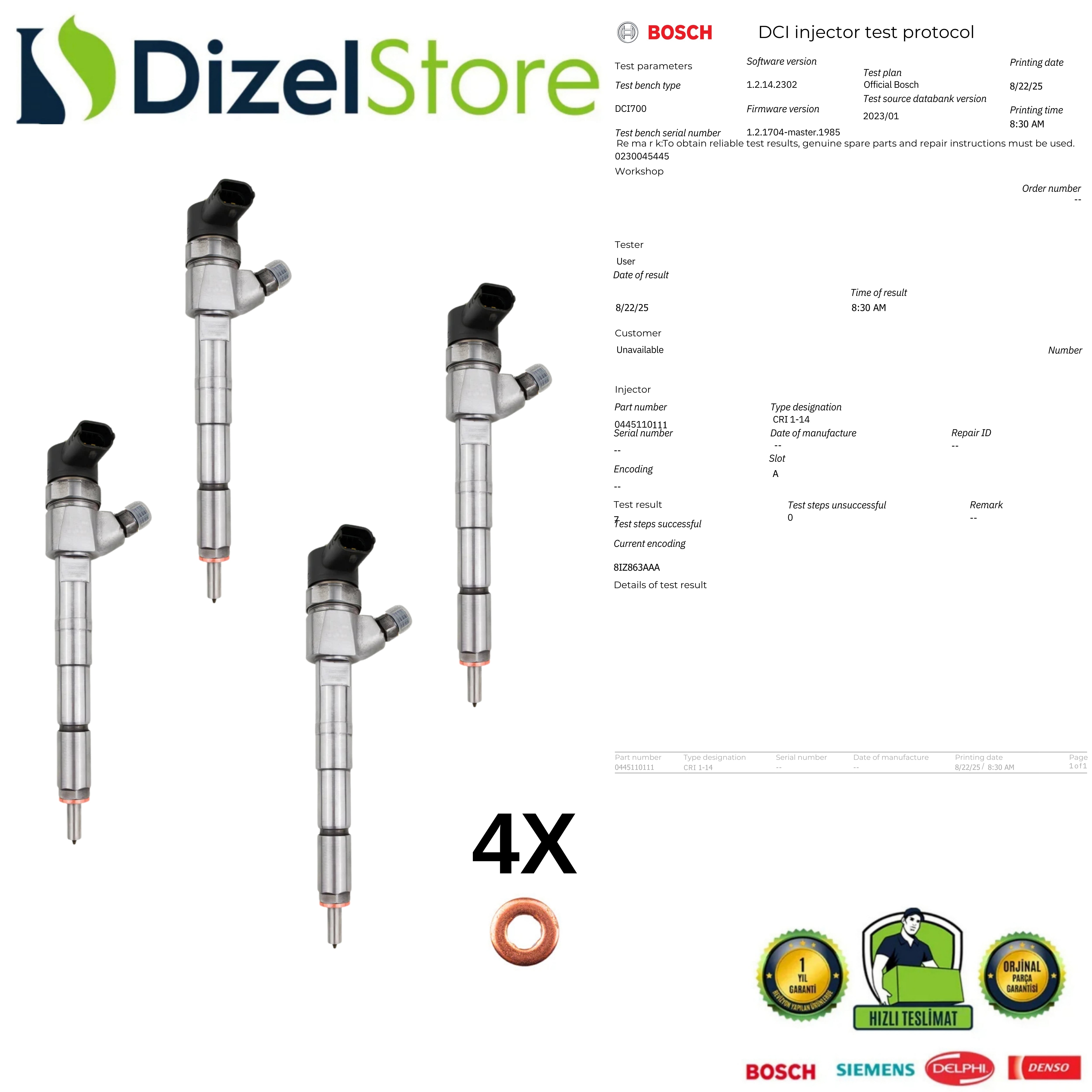 4X Alfa Romeo Fiat Lancia Enjektör 1.9 JTD Bosch 0445110111 55192534
