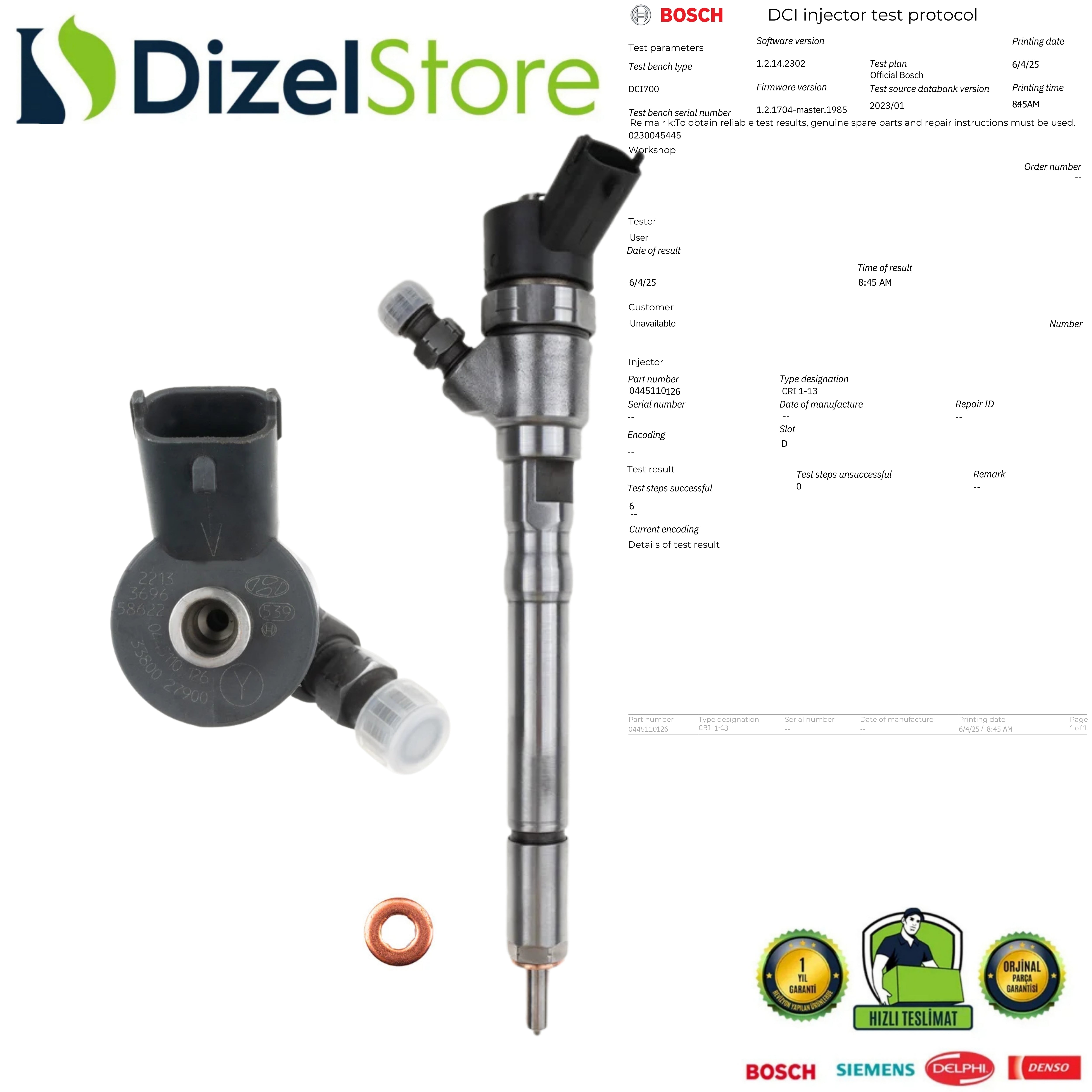 Kia Hyundai 2.0 CRDi Dizel Enjektör Bosch 0445110126 33800 21900