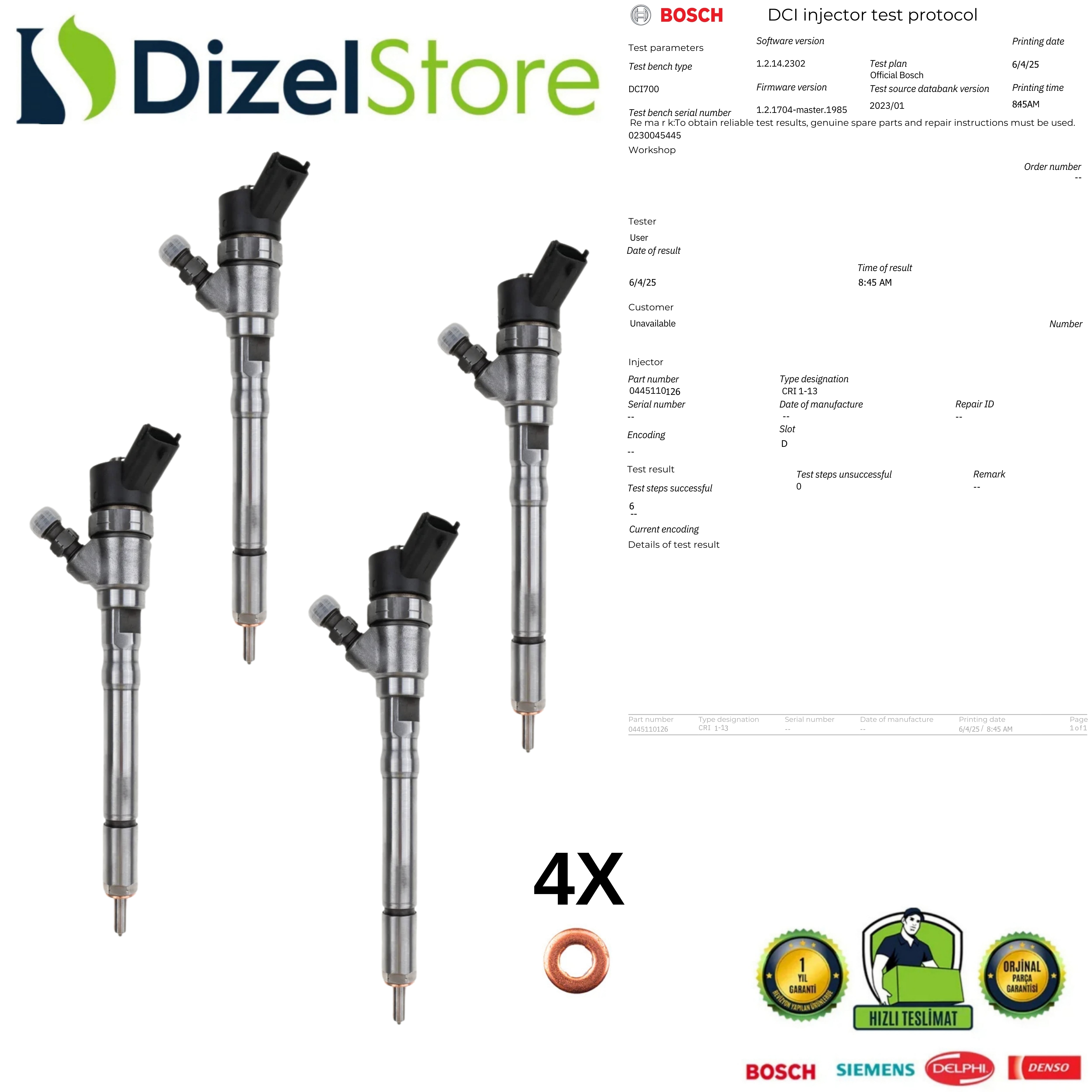 4X Kia Hyundai 2.0 CRDi Dizel Enjektör Bosch 0445110126 33800 21900