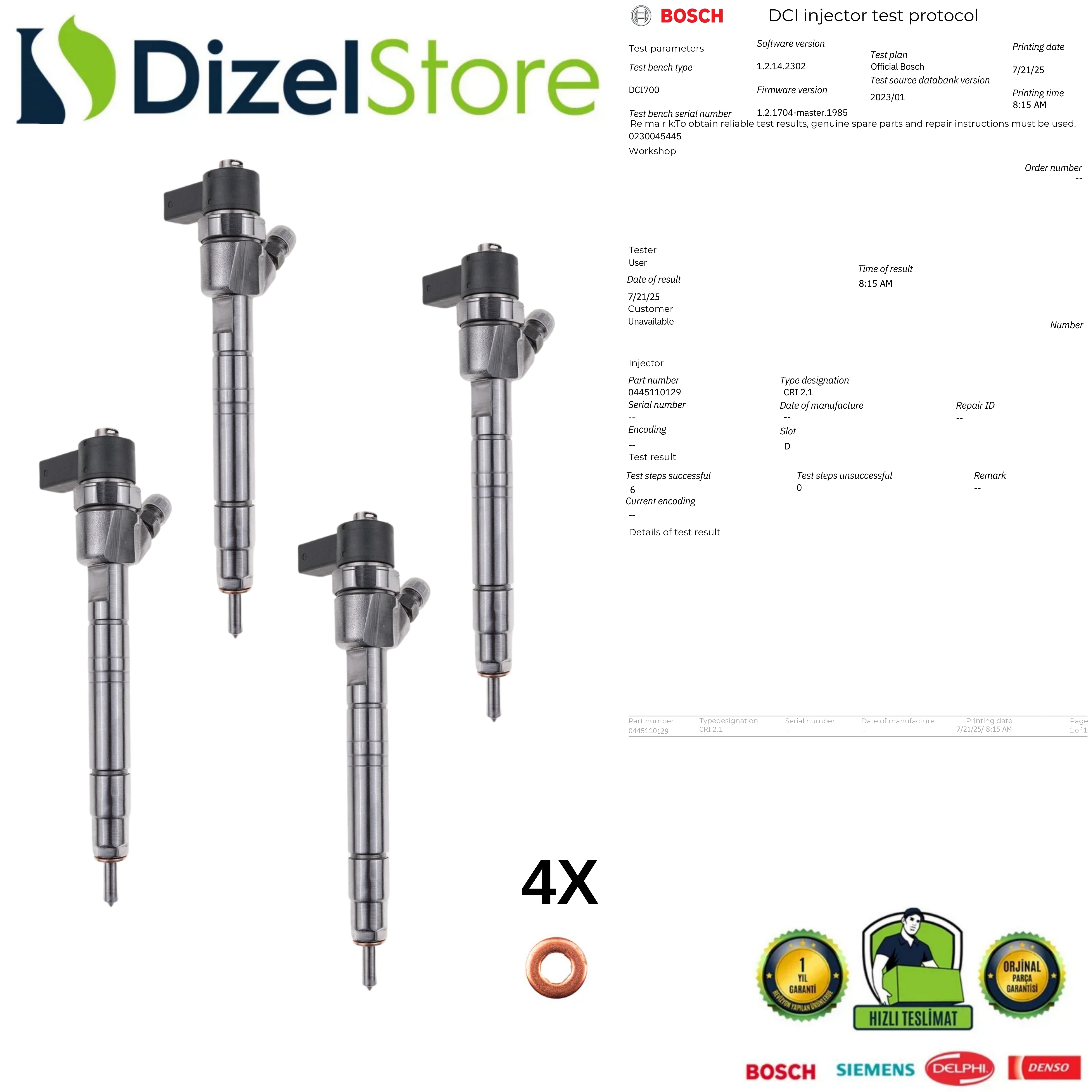 4X Mercedes E-Class S-Class Dizel Enjektör Bosch A6480700087 0445110129