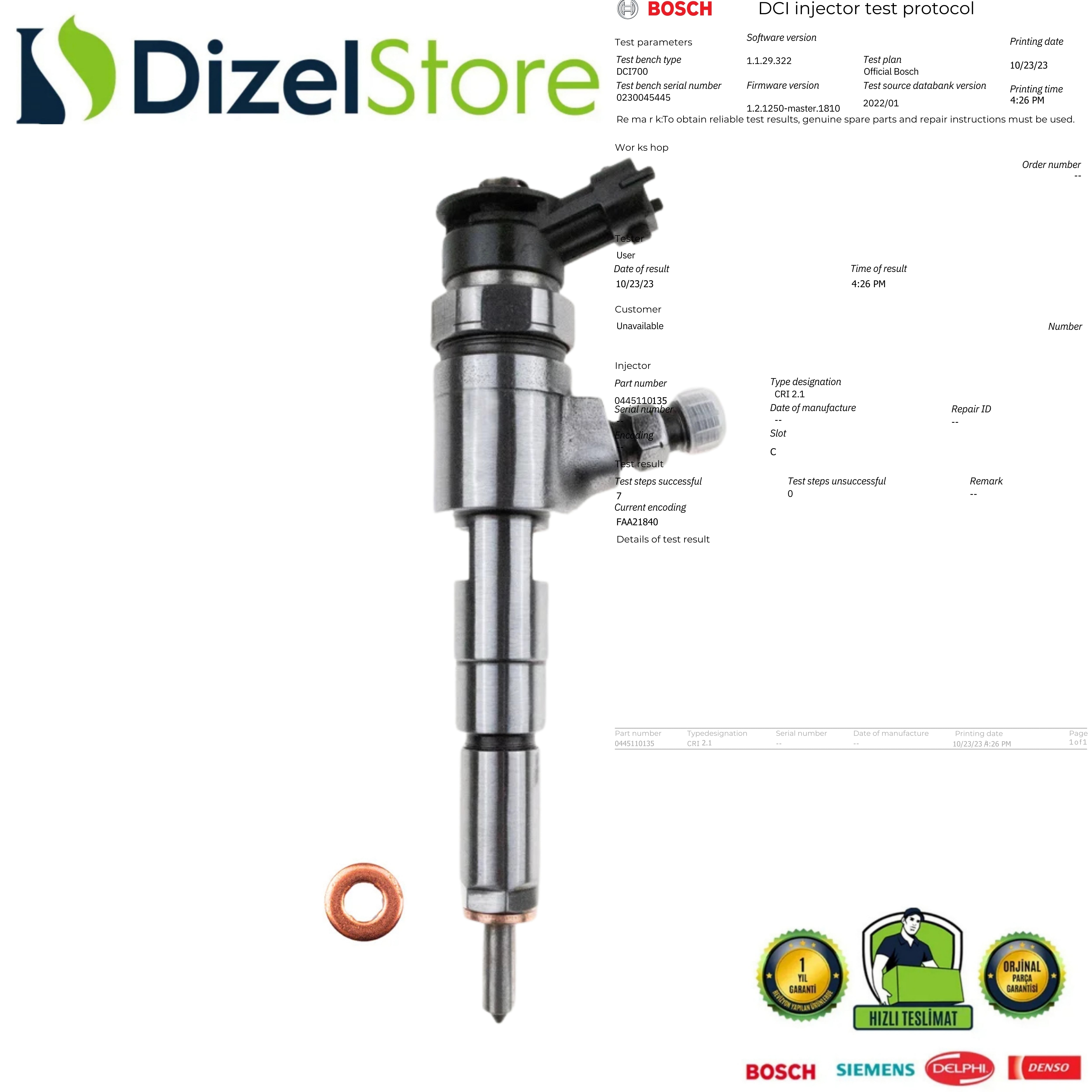 Peugeot 206/307 1.4 HDi Bosch Enjektör 0445110135 0986435085